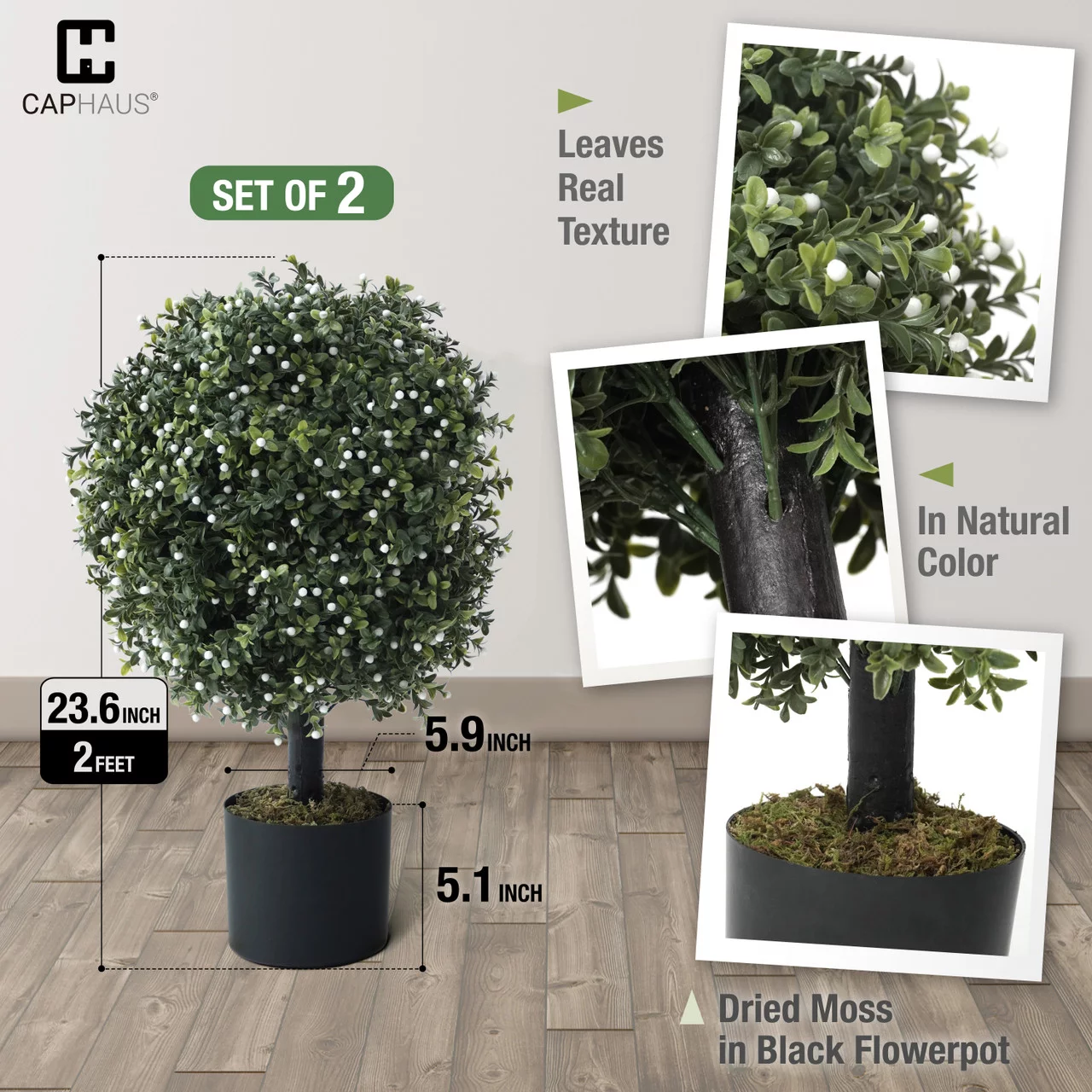 CAPHAUS Artificial Boxwood Topiary Ball Tree Set of 2, Artificial UV Resistant Bushes, Faux Potted Tree, Plant in Pot w/ Dried Moss, Fake Shrubs for Indoor, Front Porch, Outdoor, w/ White Flower