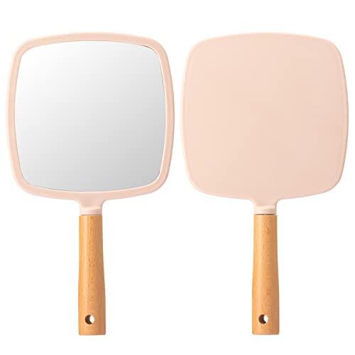 YEAKE Hand Held Mirror with Handle for Makeup,Small Cute Wood Hand Mirror for Shaving with Hole Hanging Single-Sided Portable Travel Vanity Mirror for Men&Women(Square)