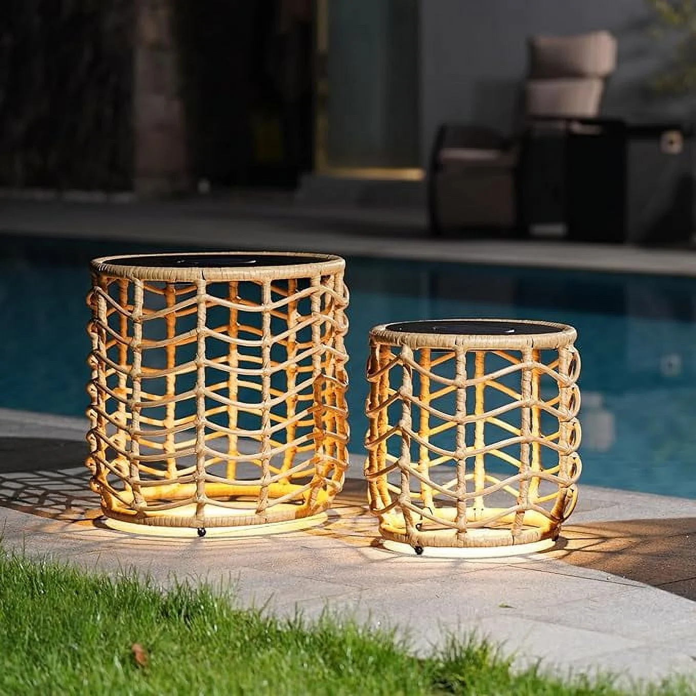 Grand Patio Wave Outdoor Nesting Tables Built-in Solar Lights Set of 2, Weather-Resistant Wicker, Boho Style for Patio and Porch, Natural