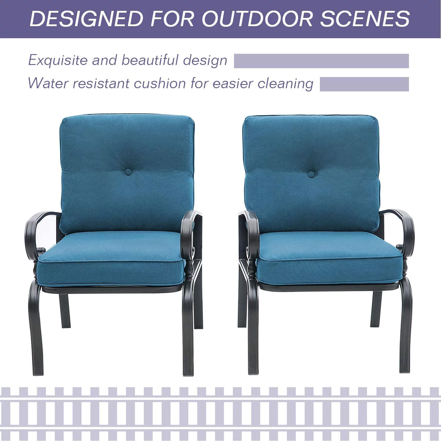 SUNCROWN Patio Chairs Outdoor Wrought Iron Dining Chairs with Peacock Blue Cushions, Set of 2