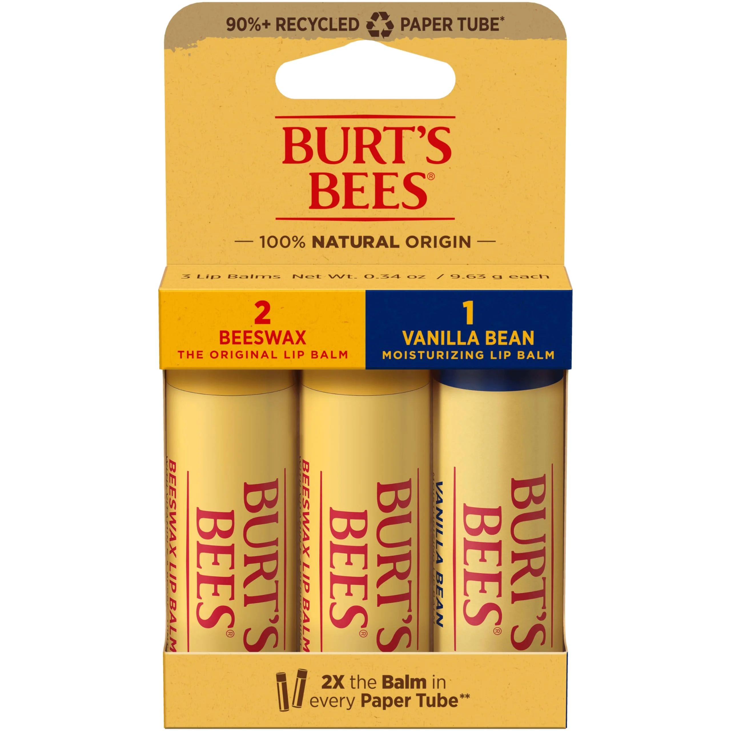 Burts Bees Lip Balm, 3 Larger Recycled Paper Tubes with 2x the Balm per Tube, Moisturizing Lip Care for All Day Hydration - 2 Original Beeswax & 1 Vanilla (3 Pack)