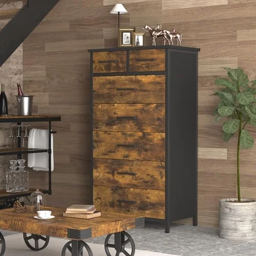 GEROBOOM 6 Drawer Dresser  Industrial Wood  Dressers & Chests of Drawers with Sturdy Steel Frame   Dresser for Bedroom Wood (Rustic Brown)