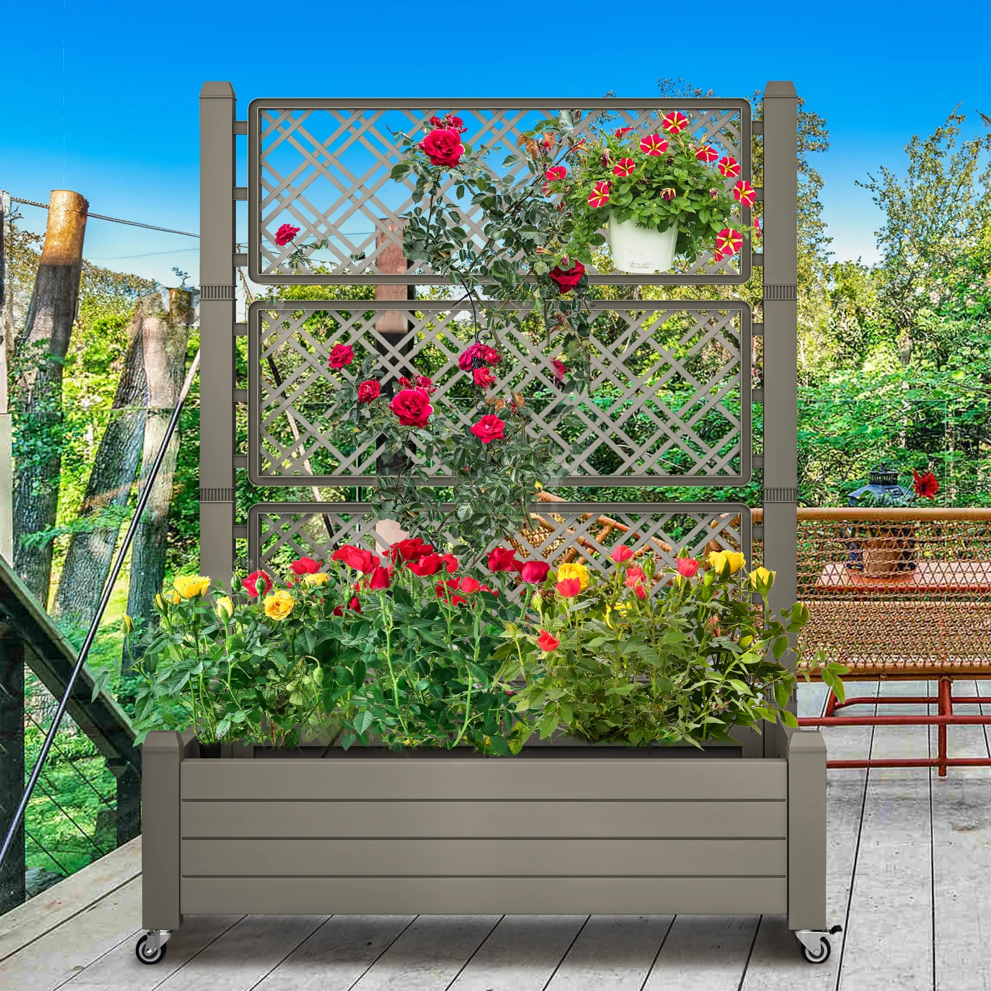 Dextrus 61'' Large Planter Box; Outdoor Raised Garden Bed with Trellis and Lockable Wheels,Ideal for Vines and Climbing Plants,with Drain Plug,43.3