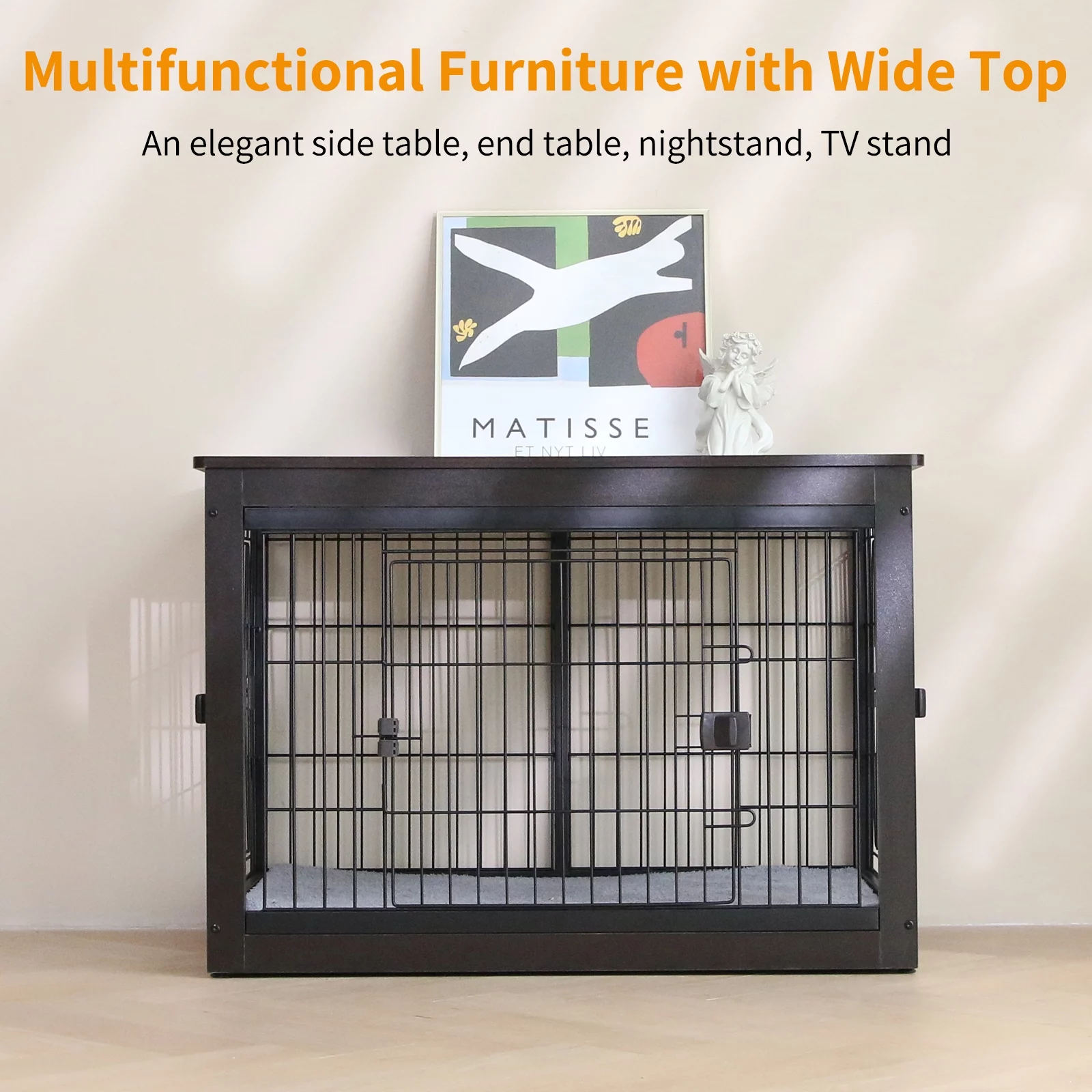 Dog Crate Furniture Indoor Dog Crate End Table Heavy-Duty Dog Cage with Dog Mat, Three-Door Dog House Black