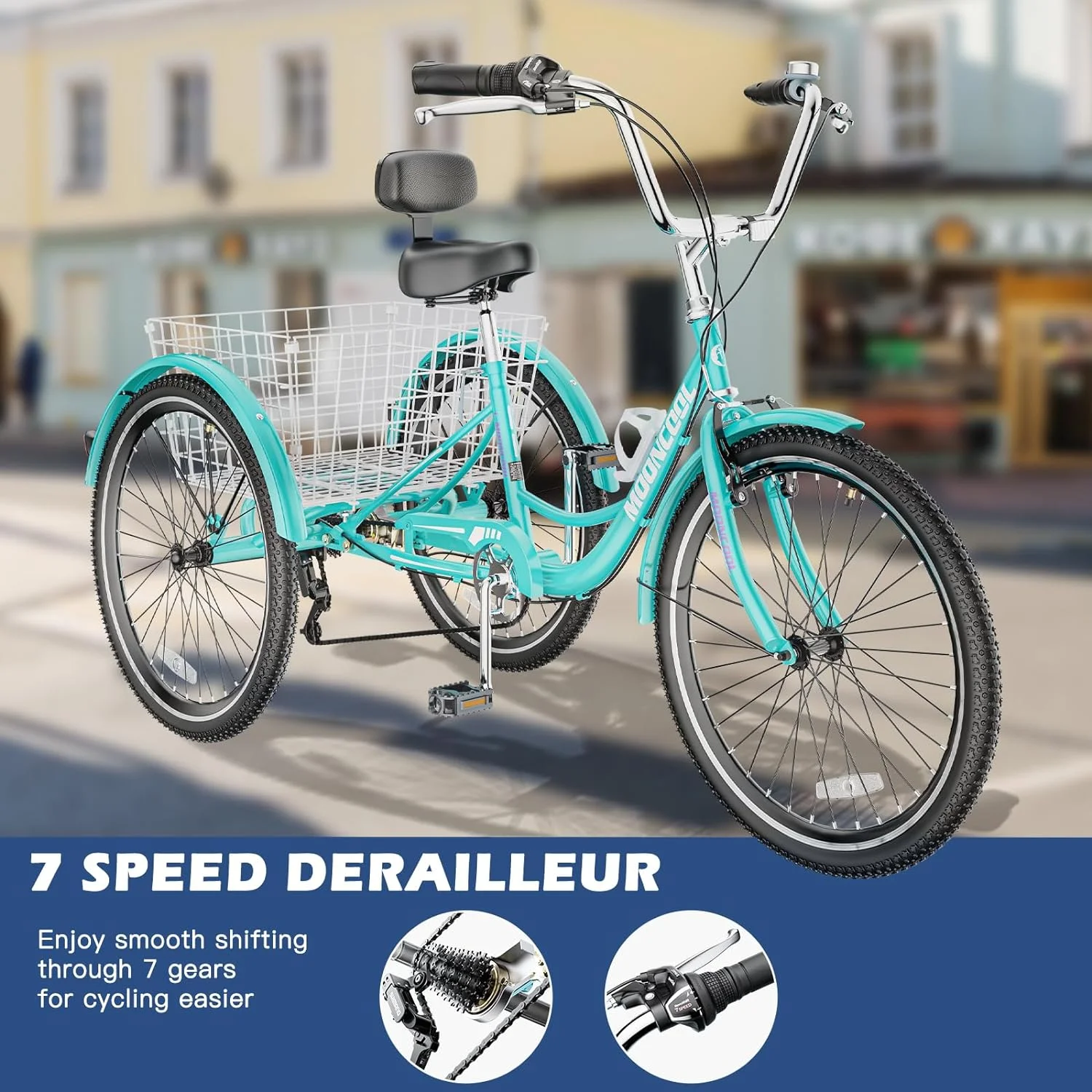 Mooncool Adult Tricycle 20/24/26 inch 7 Speed, Three Wheel Bicycle for Adult, Trike Cruiser W/ Tools & Big Basket for Exercise Shopping Picnic Outdoor Activities