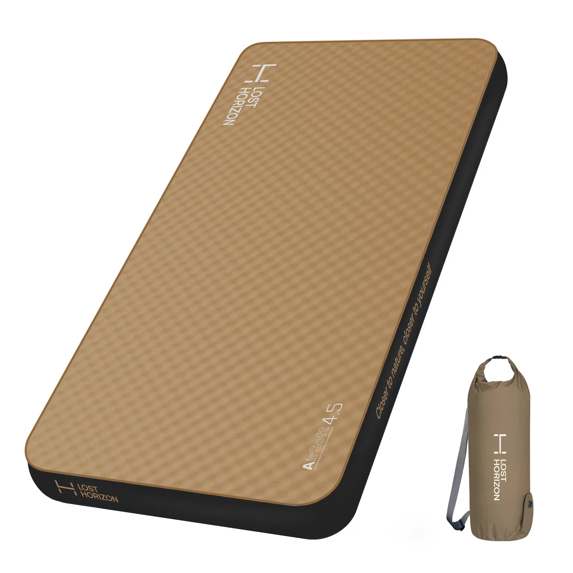 LOSTHORIZON Airsoft 4.5” Thick Self Inflating Sleeping Pad with Solid Foam, Camping Mattress with Pump Sack, Portable Roll Up Bed, Inflatable Outdoor Mat for Rooftop Tent Car Truck Van, 4 Season