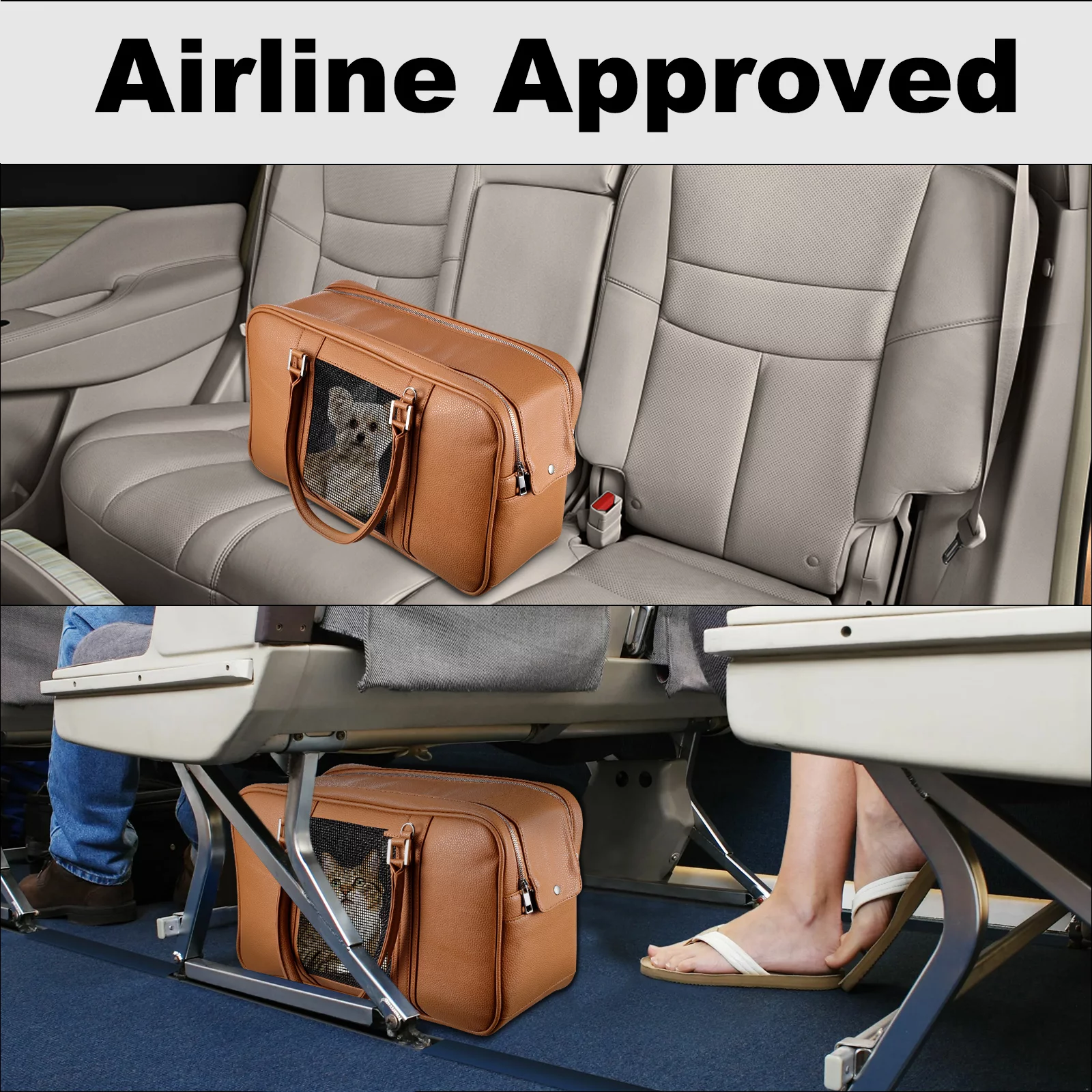 Fashion Dog Purse Carrier for Small Dogs with 2 Extra Pockets, Holds Up to 10lbs Pu Leather Cloth Pet Carrier, Cat Carrier, Airline Approved Puppy Purse Carrier for Travel (Brown, Small Size)