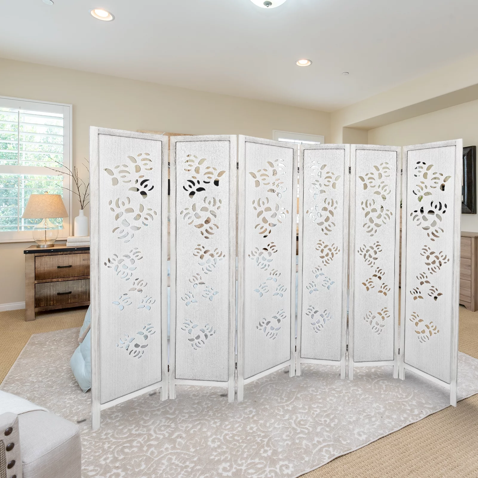 Hofitlead 6 Panel Carved Room Dividers 5.6FT Wooden Folding Screen Freestanding Privacy Partition Wall for Bedroom Living Room Office