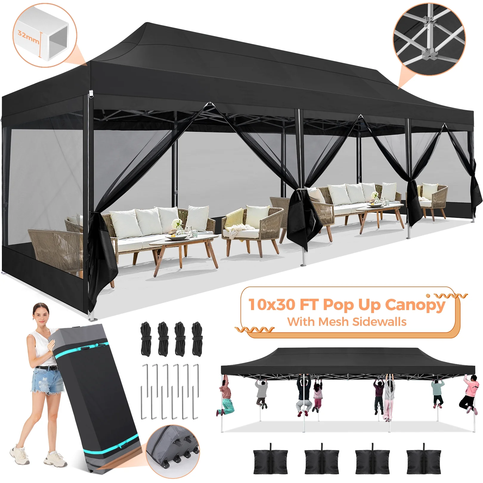 SANOPY 10x30 FT Pop Up Canopy with Removable 8 Piece Mesh Sidewalls, Outdoor Mosquito Resistant Garden Canopy, Large Waterproof Timely Party Tent with 4 Sandbags & Roller Bag, Black