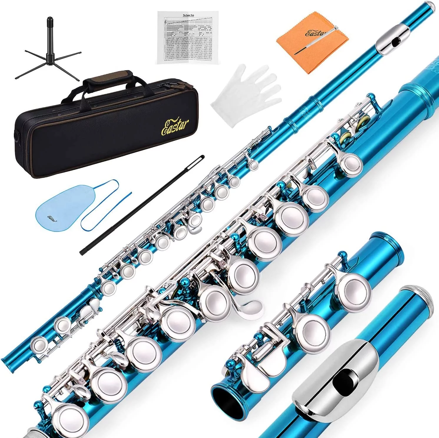 Eastar C Flutes Closed Hole with Joint Cleaning Rod, Carrying Case, Stand, Gloves and Tuning Rod, 16 Key Student Flute Beginner Kids Flute, Sky Blue