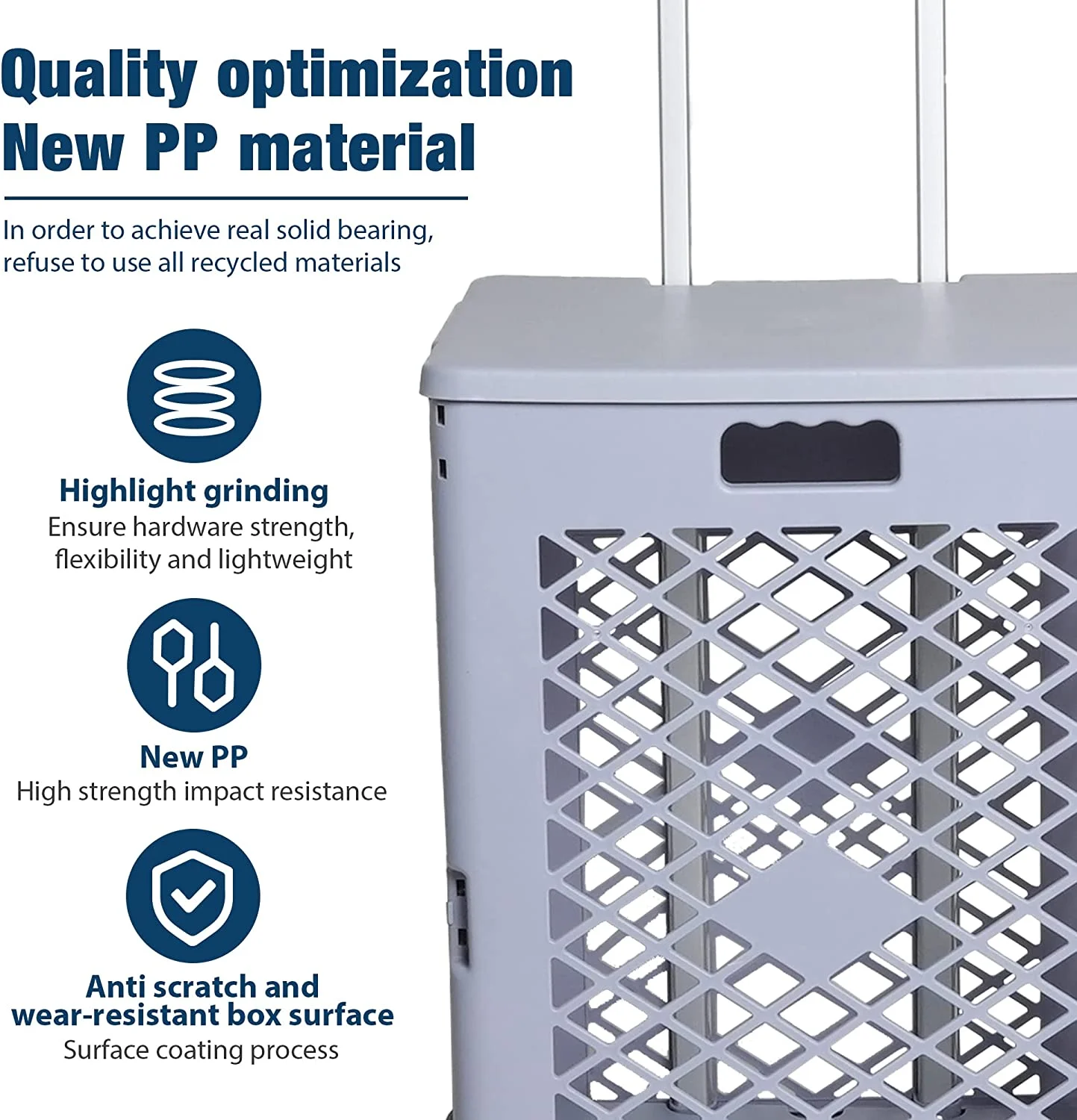 Foldable Utility Rolling Crate with lid Wheels, Portable Shopping Cart with Durable Heavy Duty Telescopic Handle, Rolling Carts for Carrying Books, Laundry, Travel Office Use, Gray, Medium