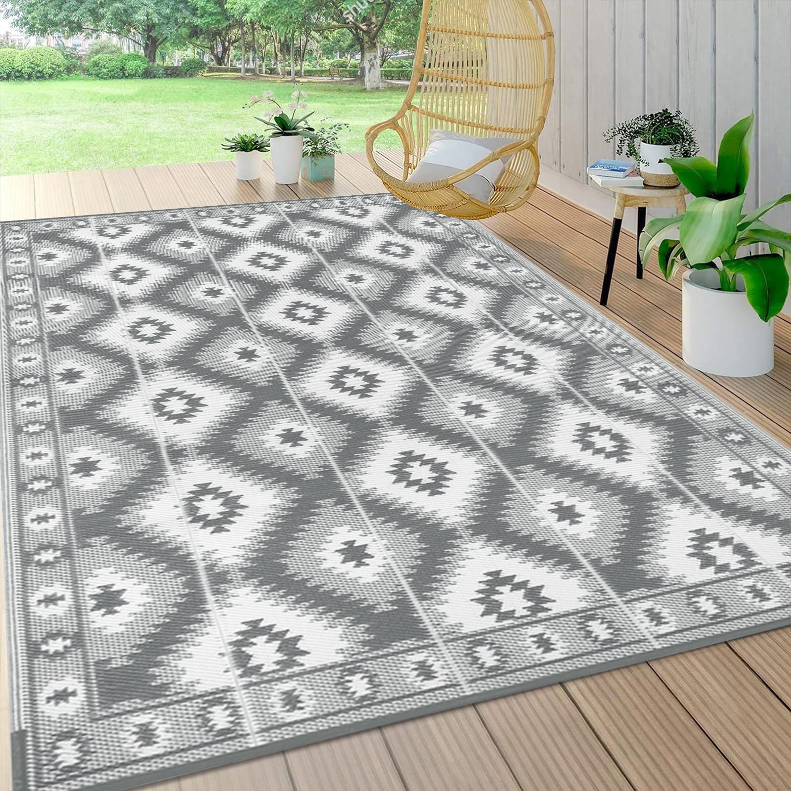 MeyJey Outdoor Rug, 6'x9' Reversible Waterproof Area Rug, Plastic Mat for RV Patio Camping, Gray