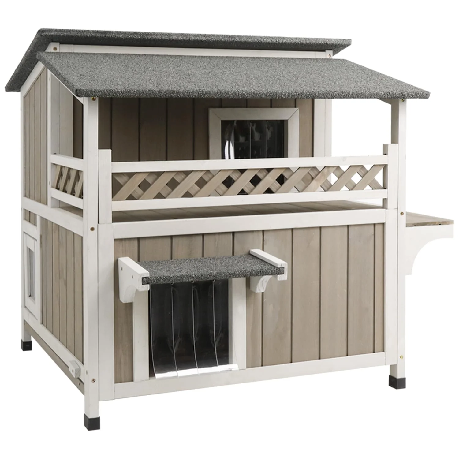 PETSCOSSET Cat House Outdoor 2-Story Wooden Kitty Shelter with Balcony, Gray