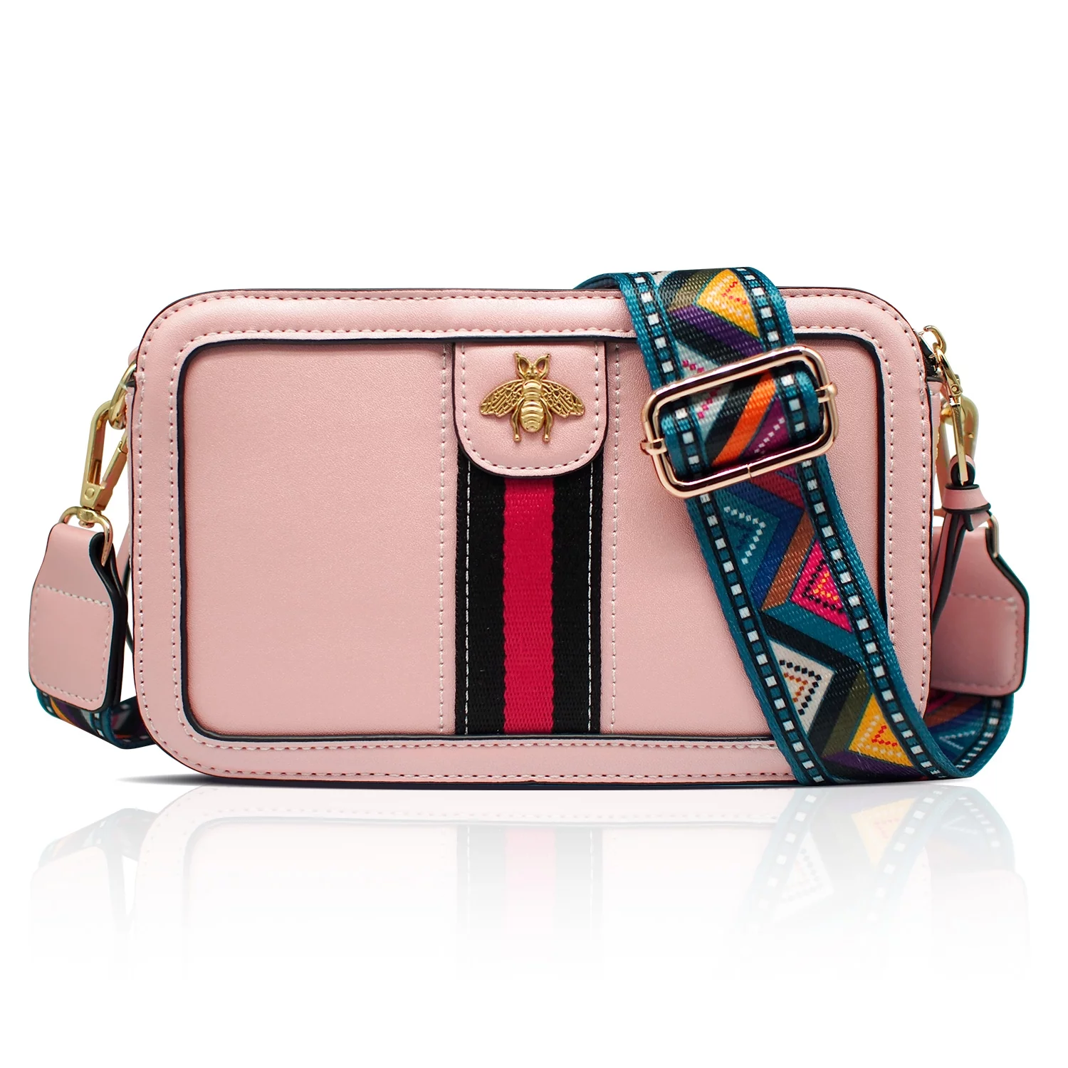 OLYPHY Designer Bee Purse Crossbody Camera Bag Purse PU Leather Shoulder Bag Clucth for Women Pink