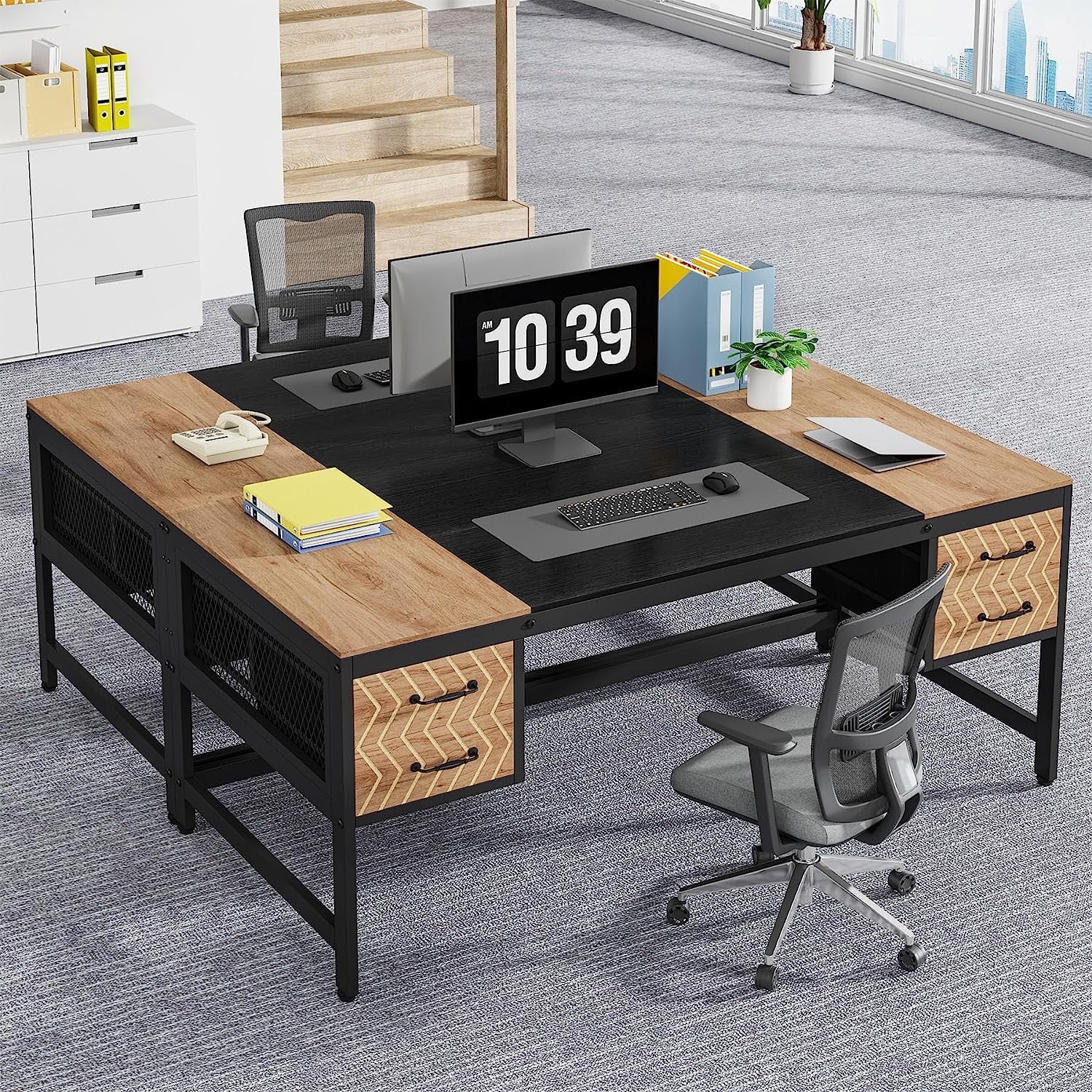 Tribesigns 63 inch Executive Desk, Farmhouse Computer Desk with 4 Drawers for Home Office, Set of 2, Light Brown & Black