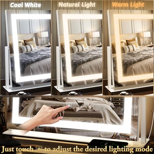 FENNIO Vanity Mirror with Lights 22''x19'' Makeup Mirror with Lights,Vanity Mirror Touch Screen with 3-Color Lighting,Dimmable,for Vanity Desk Tabletop