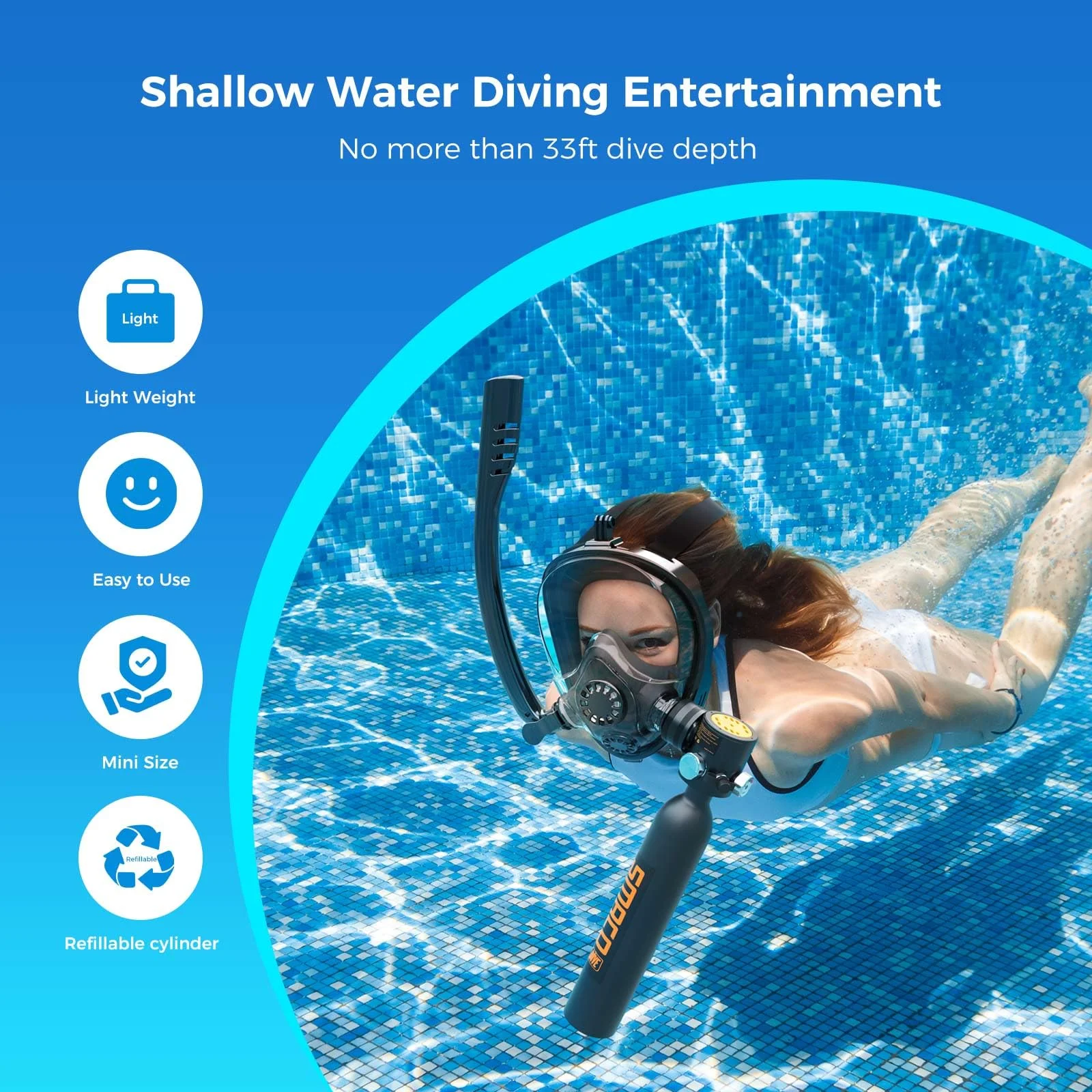 SMACO S300P Scuba Tank with Sub-Mask Mini Scuba Tank 0.5L Provide About 6 Minutes Underwater Breath Within 30ft Diving Depth, Small Scuba Tank Diving Tanks for Shallow Water Diving