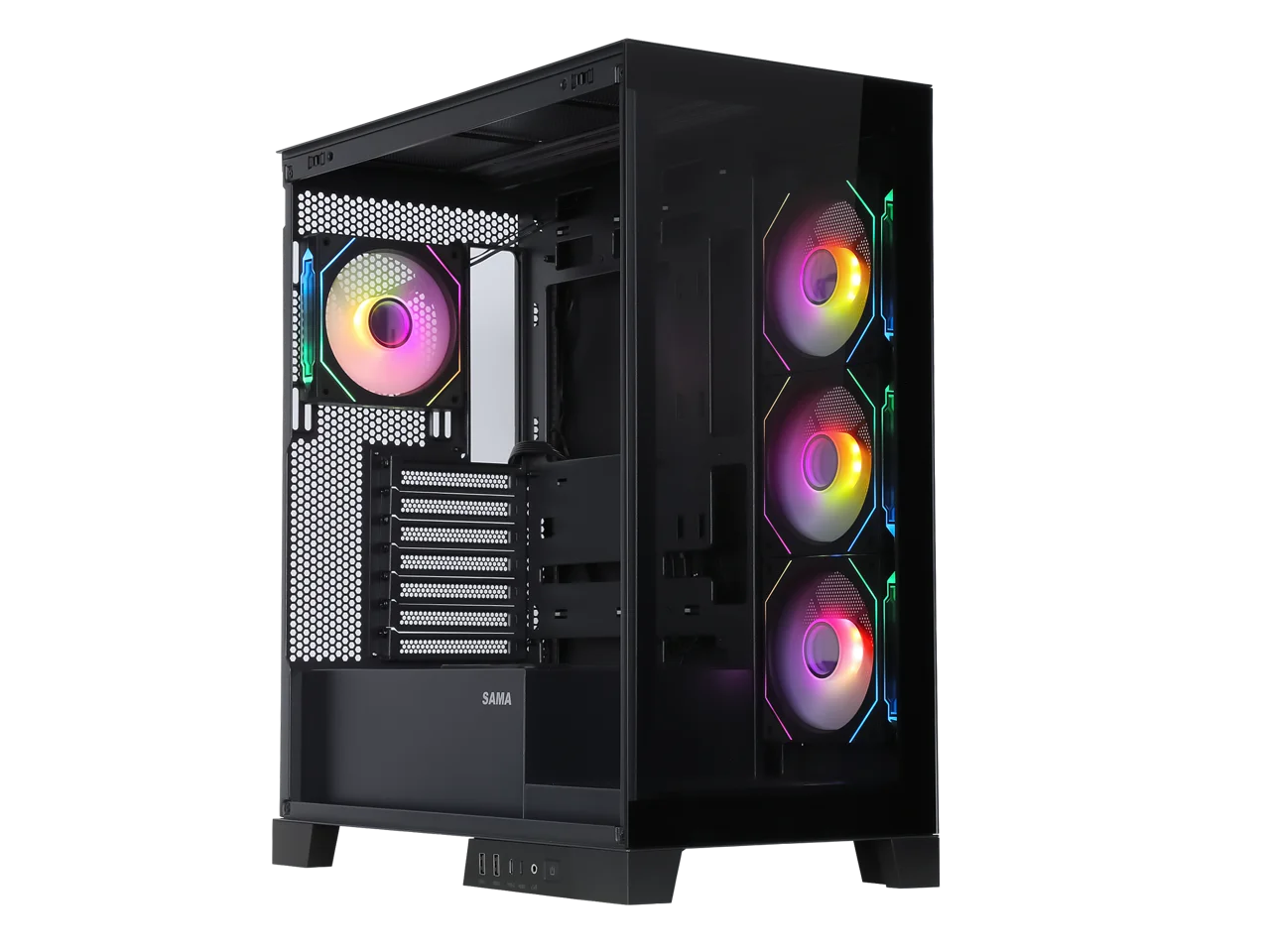 Sama Neview 2351 Black Dual USB3.0 and Type C Tempered Glass ATX Mid Tower Gaming Computer Case w/ 4 x 120mm ARGB Fans (3 x MB Side, 1 x Rear) Pre-Installed
