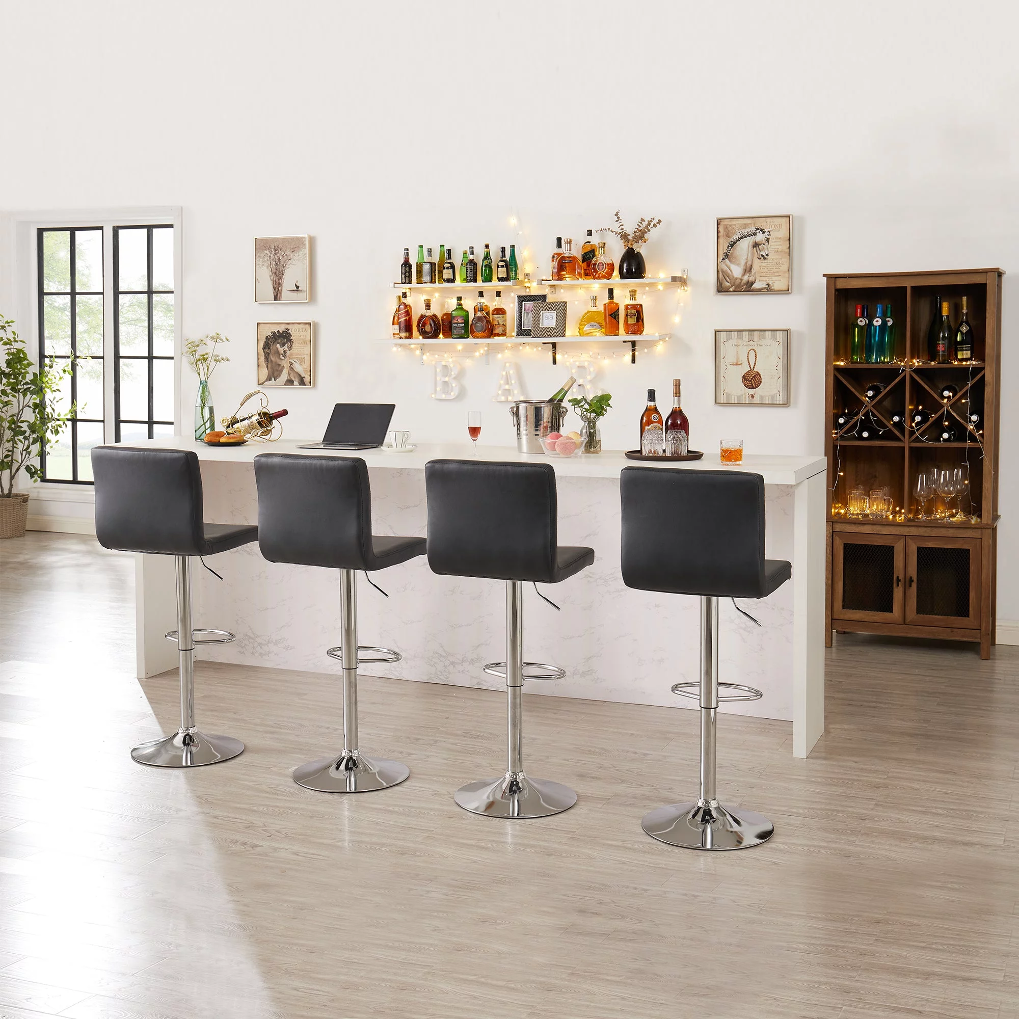 Peatuk Set of 4 Adjustable Swivel Bar Stools, Modern Counter Height Barstools with Back for Kitchen, Black