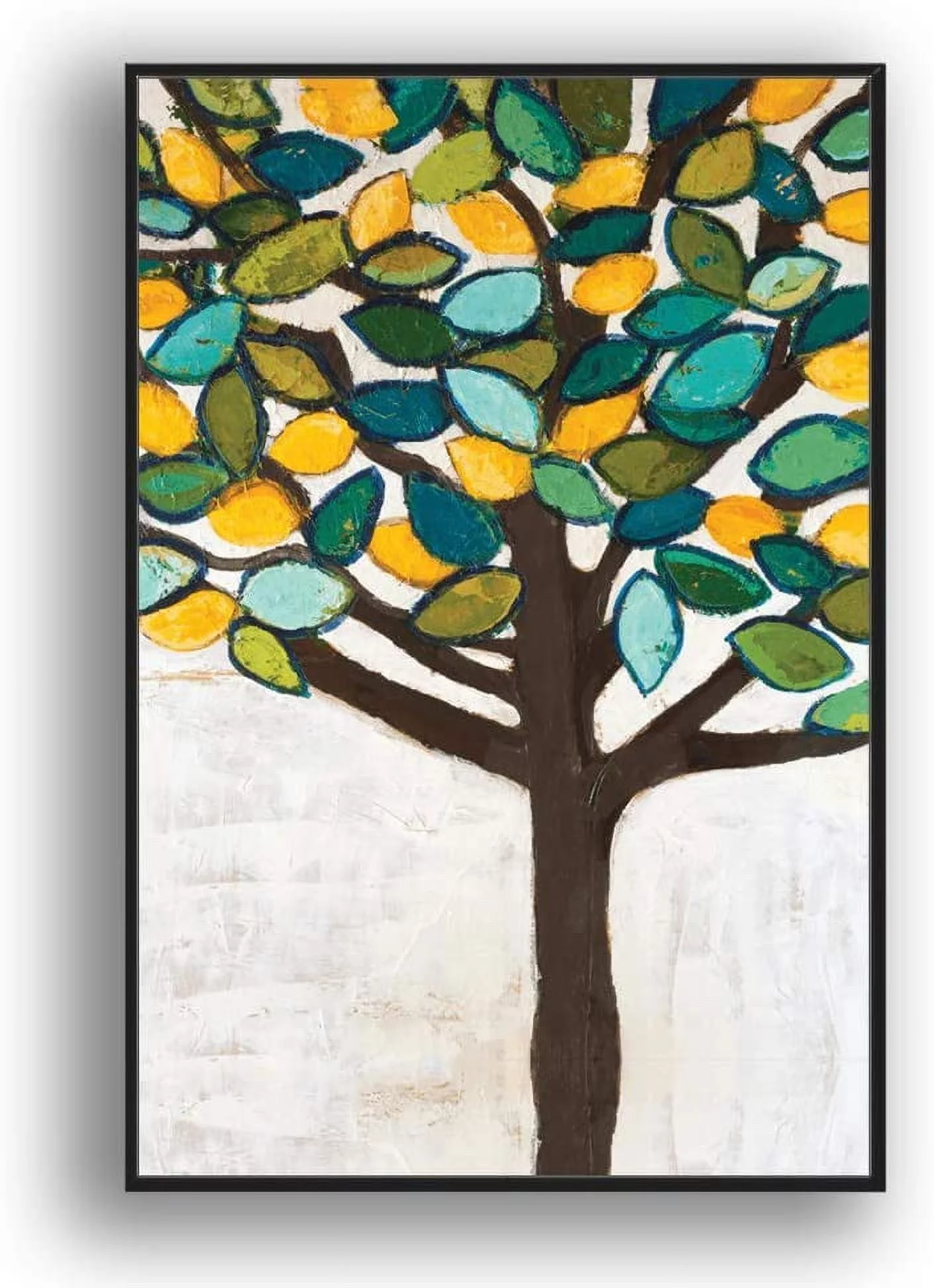 IDEA4WALL Framed Canvas Wall Art Minimalist Tree with Yellow Blue and Green Friuts Painting Prints for Modern Home Decoration Ready to Hang - 16x24 inches