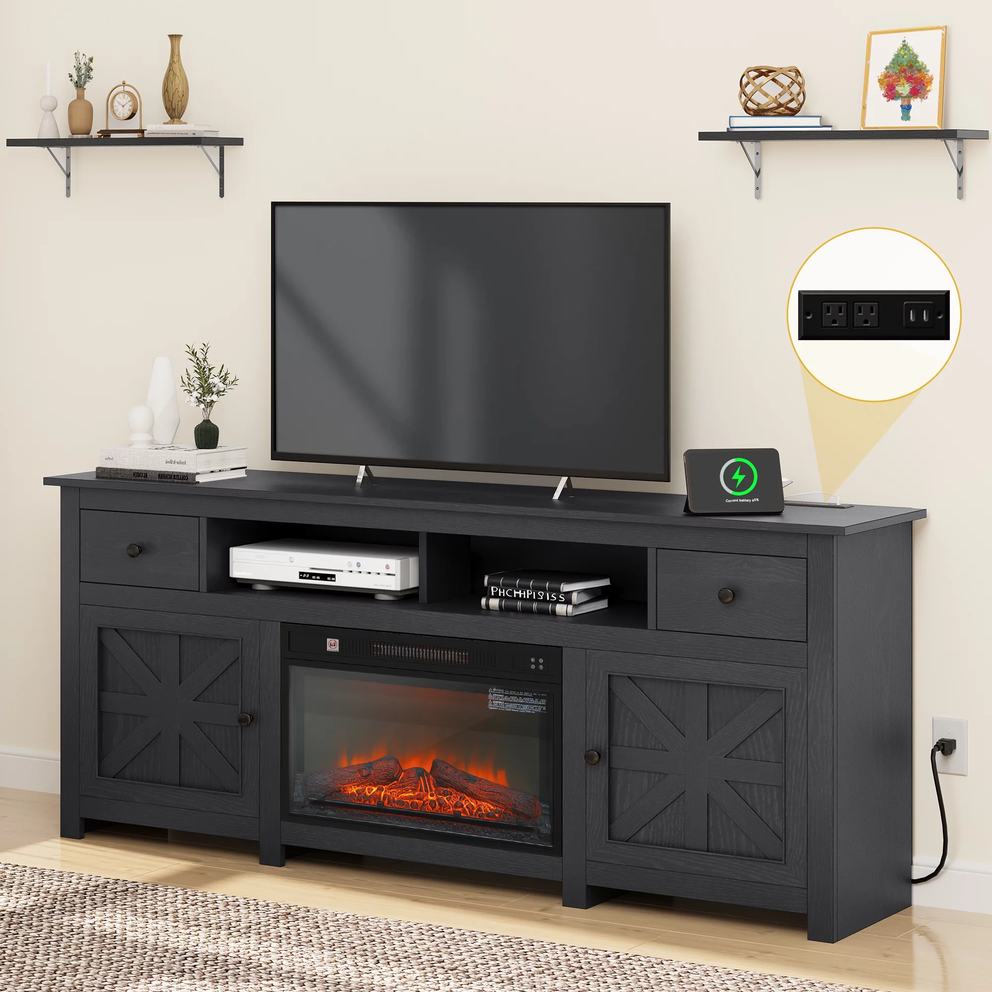 Dextrus 70 Inch TV Stand with Removable Electric Fireplace for Screens up to 80 Inches, Farmhouse TV Cabinet Floating Shelf Entertainment Center with Ample Storage and Remote Control for Living Space