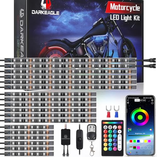 12Pcs Motorcycle LED Light Kit with Brake Light Turn Signal, Motorcycle Underglow Lights with APP/RF Remote Control, Dual Zone RGB Neon Strips Multicolor Waterproof for Harley Honda Kawasaki Yamaha