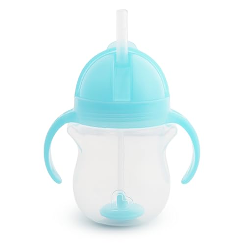 Munchkin Any Angle Sippy Cup for Toddlers, Weighted Straw Trainer Cup with Click Lock Lid, 7 Ounce, 2 Pack, Blue/Green