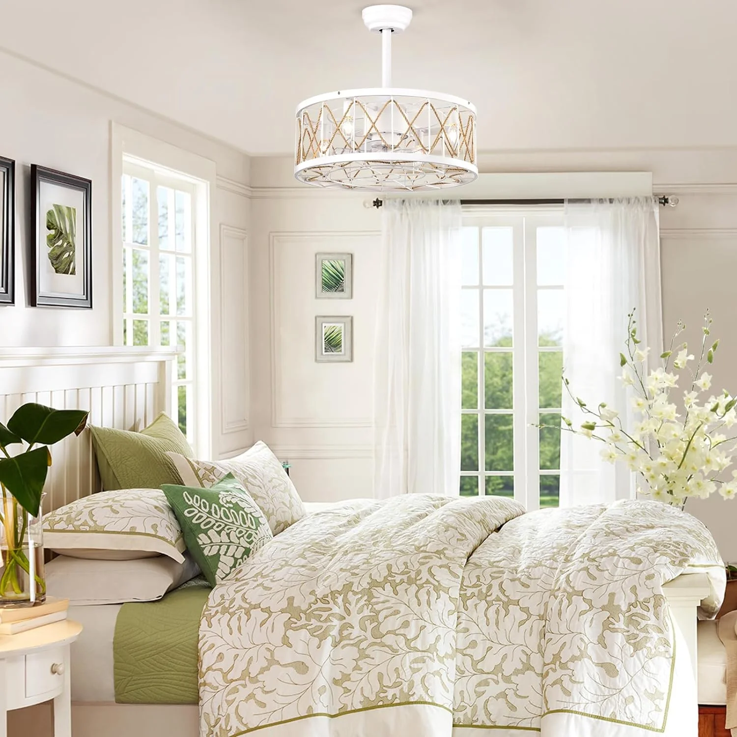 IKIFLY Bedroom Ceiling Fan Remote Control, Modern Enclosed Ceiling Fan with Lights, 5 Dual Blades, Reversible Airflow, Caged Ceiling Fan With Hemp Rope Design for Living Room, Kitchen(White)