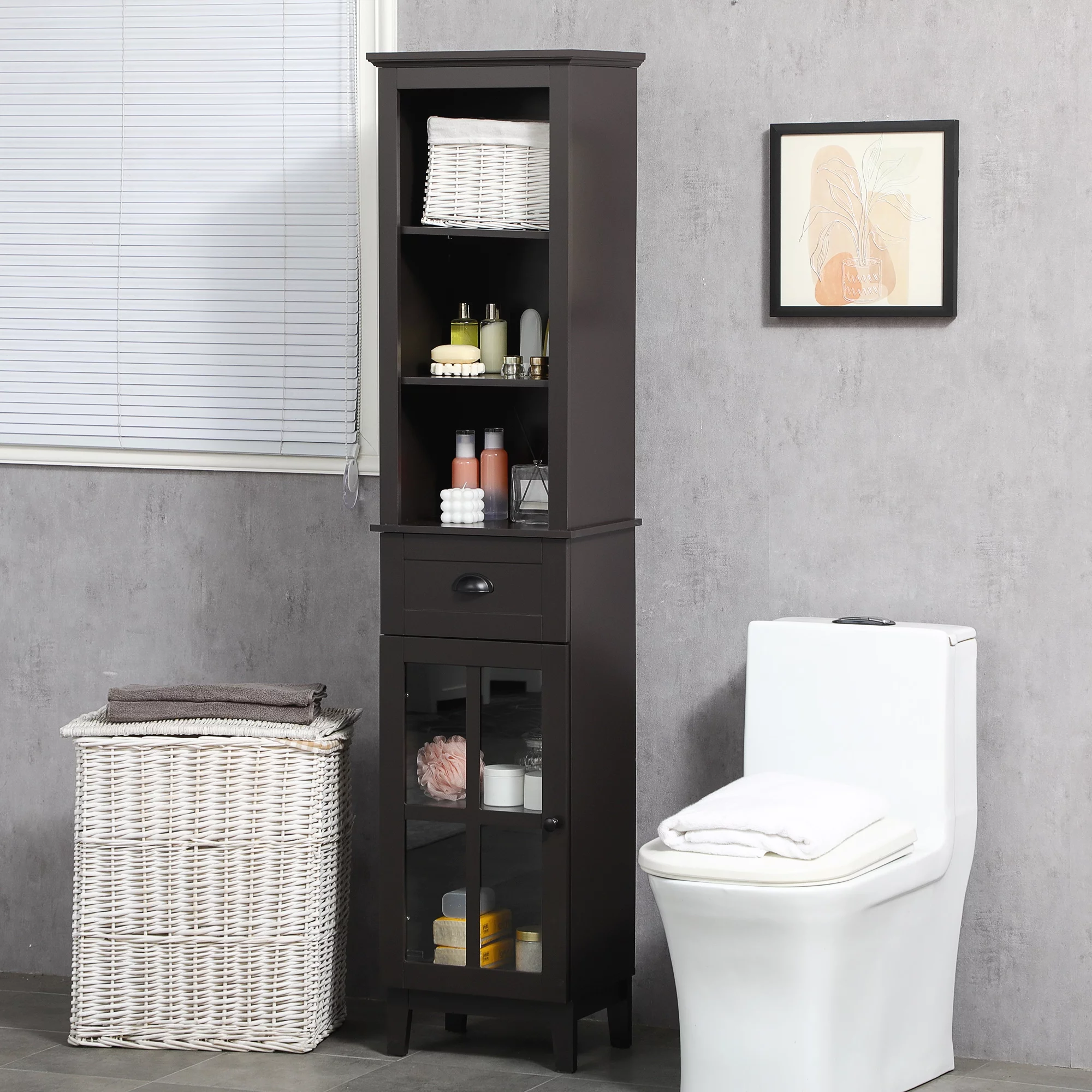 kleankin Slim Bathroom Storage Cabinet Door & Shelves Linen Tower, Brown