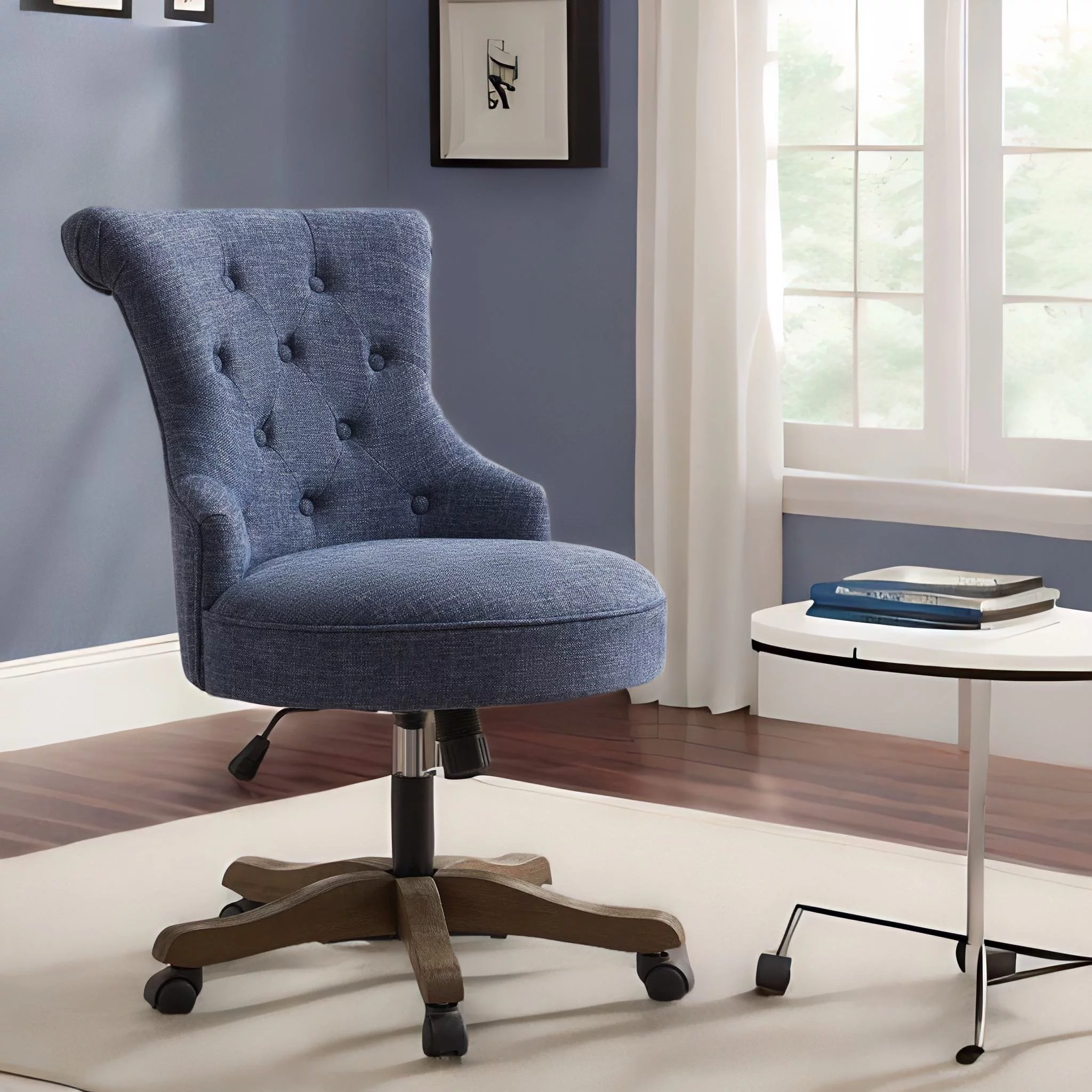 HUIMO Home Swivel Office Chair Adjustable Height Swivel Chair with Wheels Linen Fabric Upholstered Comfortable Armless Computer Desk Chair with Wooden Legs for Home Office Study Studio(Blue)