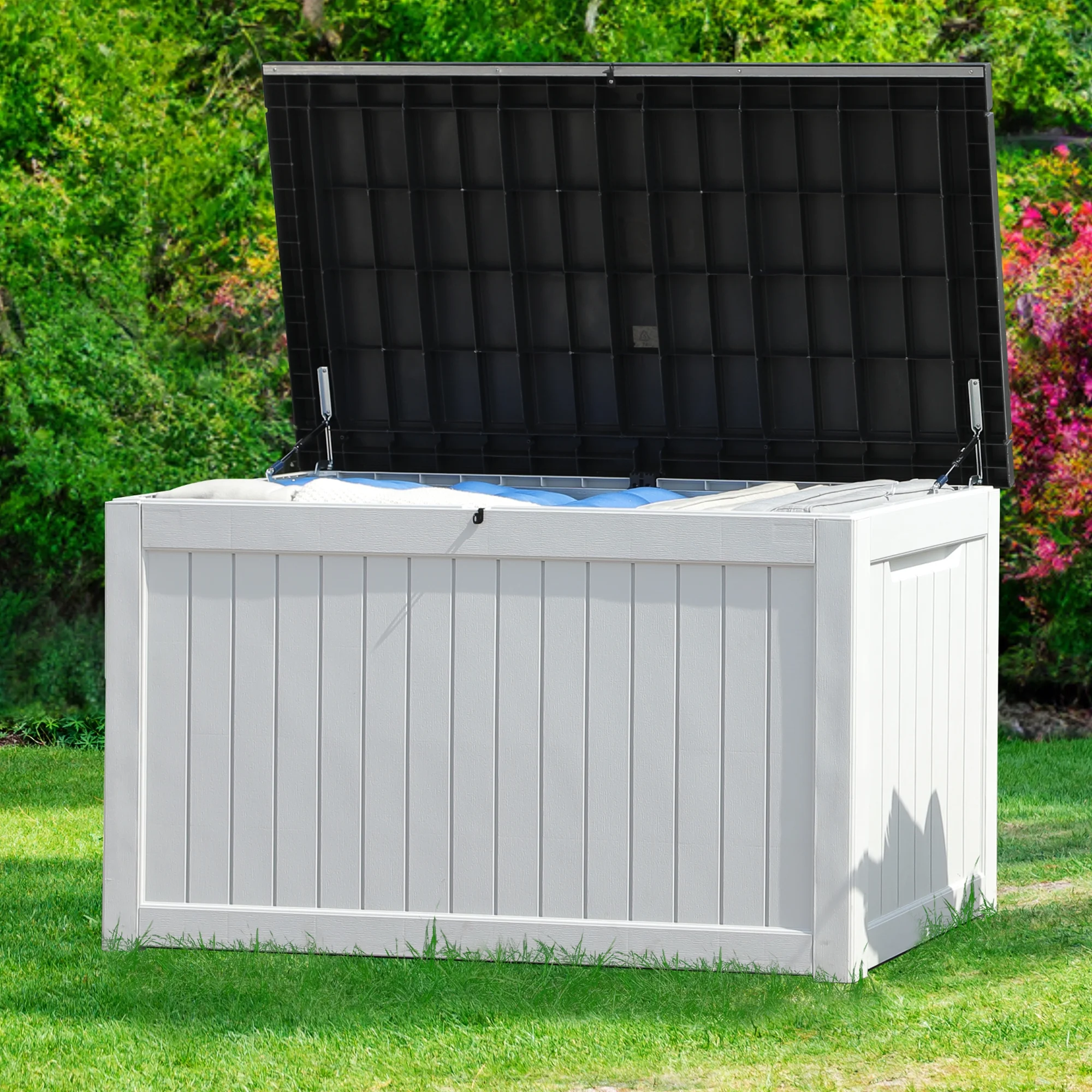 Dextrus Extra Large 230 Gallon Outdoor Storage Deck Box for Patio Cushions, Yard Implements, and Sports/Pool Gear, Durable Weatherproof Resin, Secure Locking Mechanism (Black&White 2)