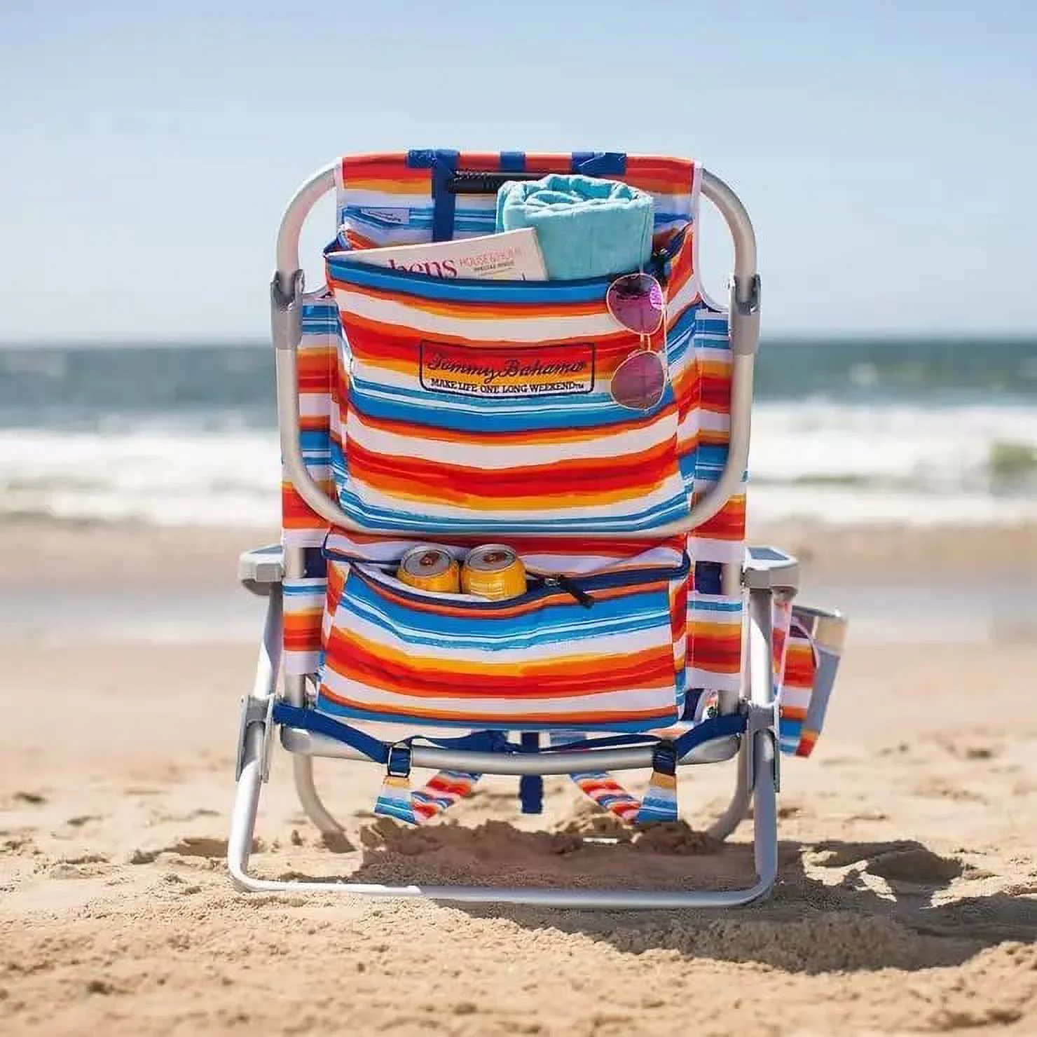 Tommy Bahama Backpack Beach Chair-New 2022 Designs-5-Position Classic Lay Flat-Insulated Cooler Towel Bar-Storage Pouch Tropical Sunset