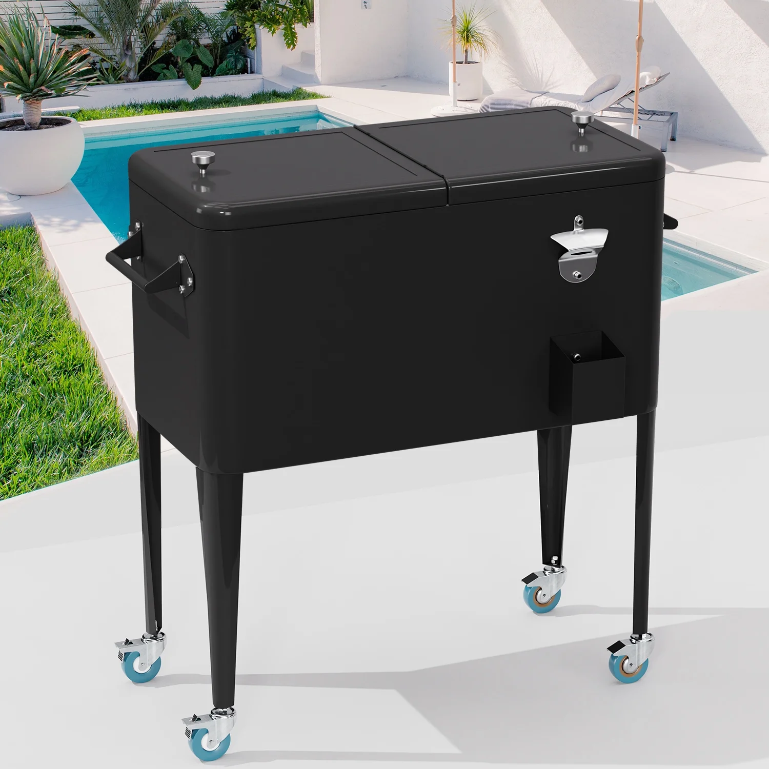 FDW 80 Quart Outdoor Cooler Cart Rolling Ice Cooler Ice Chest with Wheels Side Handles Bottle Opener Cap Catcher Portable Drink Cooler for Parties Poolside Patio BBQ Beach, Black