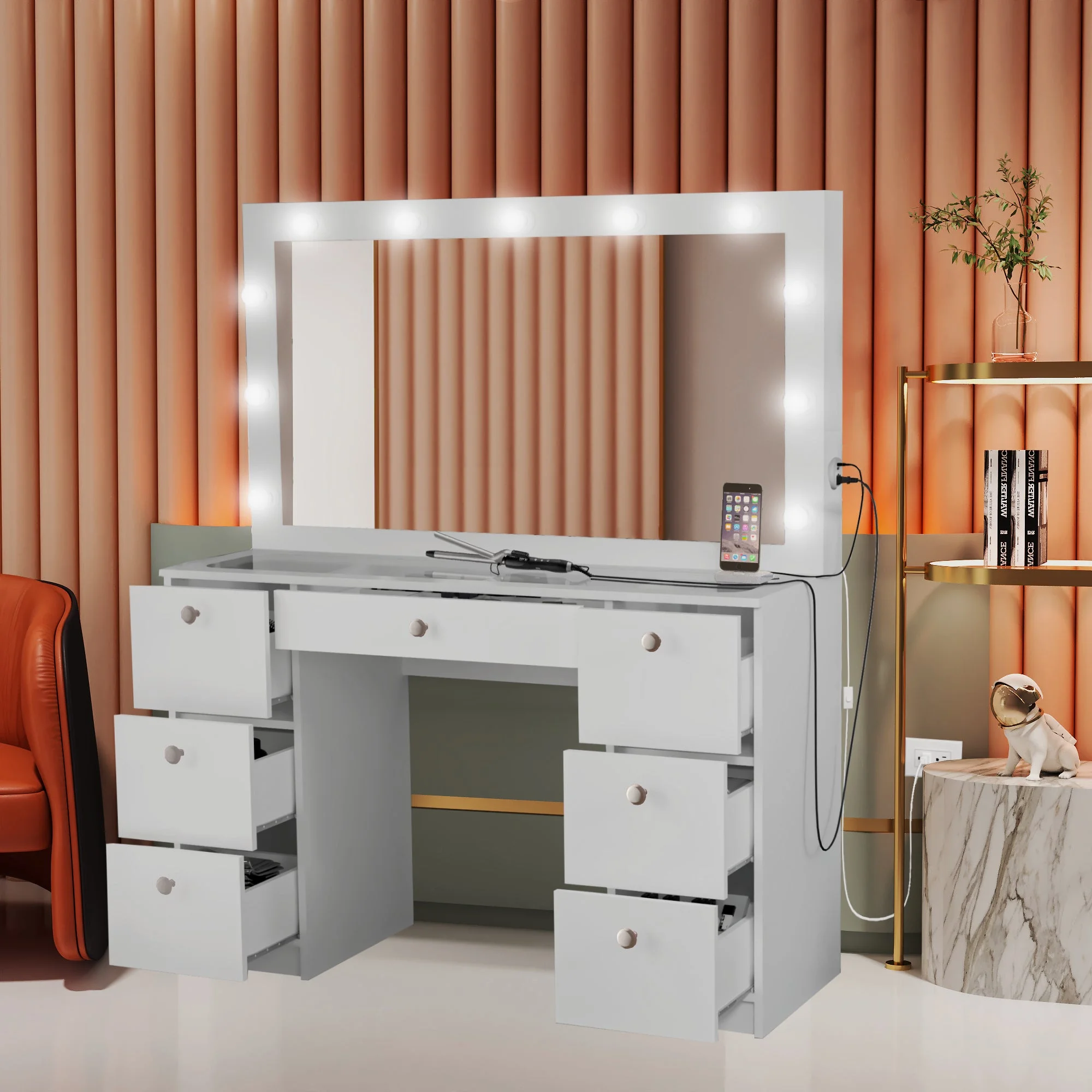 Boahaus Modern Yara Makeup Vanity Table Set with Mirror, 7 Drawers, White, Built-in Lights