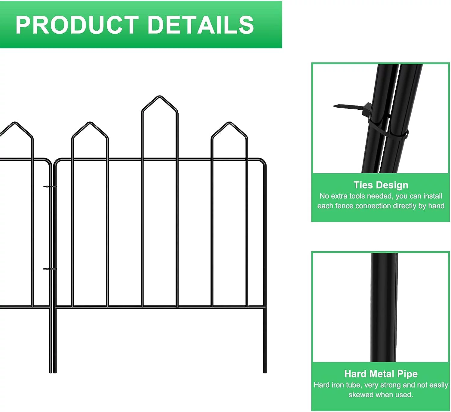 Decorative 10-Panel Metal Garden Fence, 17-Inch Height x 10-Foot Length, for Yard Edging