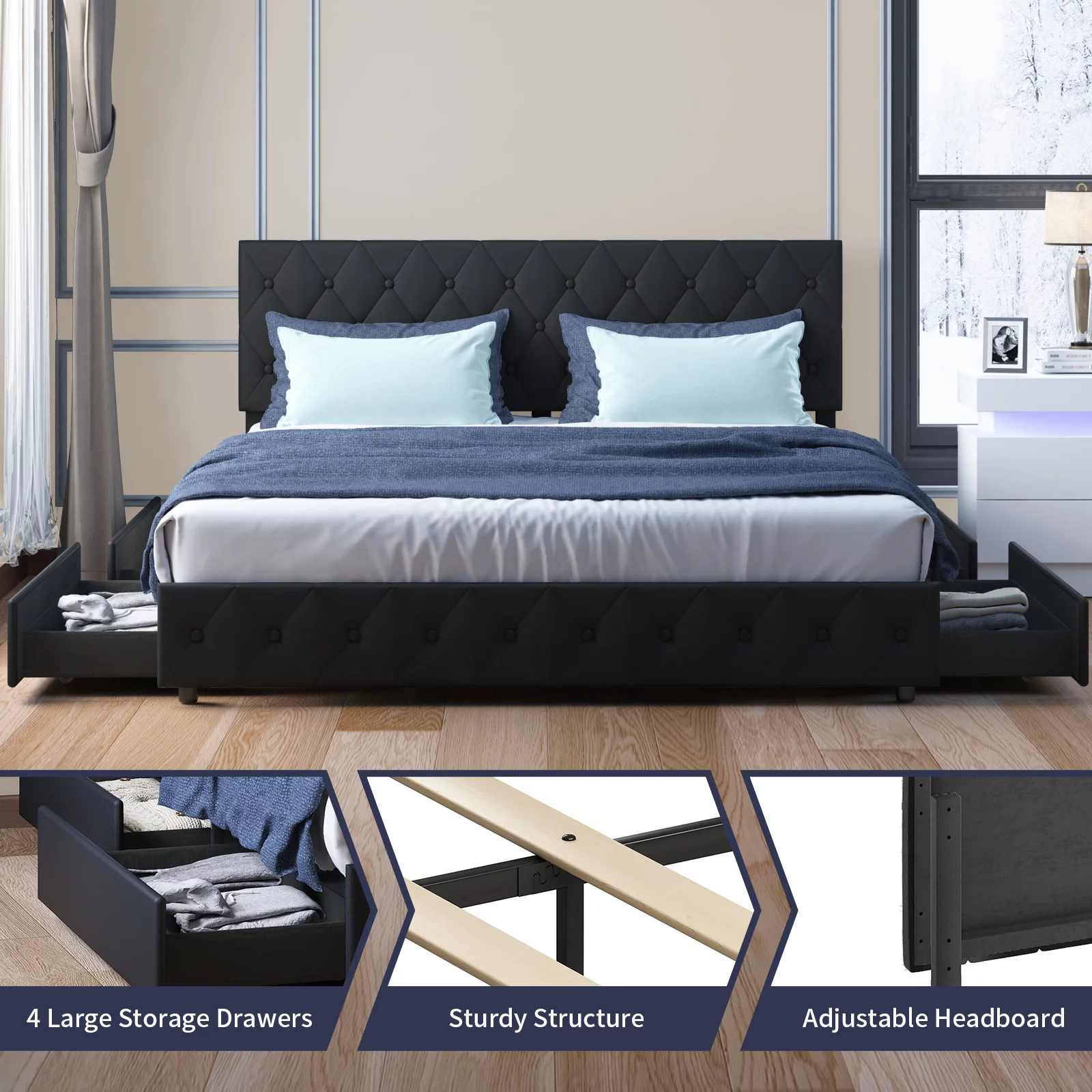 Mjkone Modern King Size Upholstered Platform Bed Frame with 4 Storage Drawers and Diamond Adjustable Headboard, Wood Slat Support/No Mattress (Black)