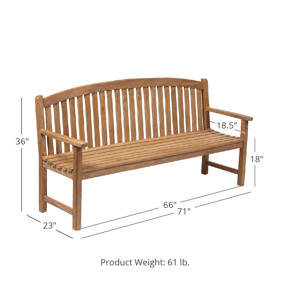 Titan Great Outdoors Grade A Teak 71in Bow-Back Bench, Indoor Outdoor Solid Wood Patio Furniture