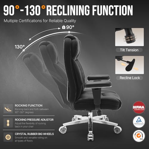 750lbs Big and Tall Office Chair,Heavy Duty Office Chairs,Executive Computer Desk Chair Work Chairs, Thick Padded Strong Metal Base Quiet Wheels, Ergonomic Design for Back Pain
