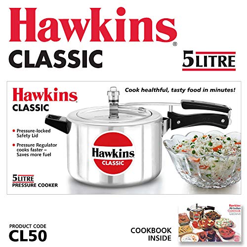 Hawkins Aluminium 5 Litre Classic Pressure Cooker, Best Inner Lid Cooker, Silver (Cl50)
