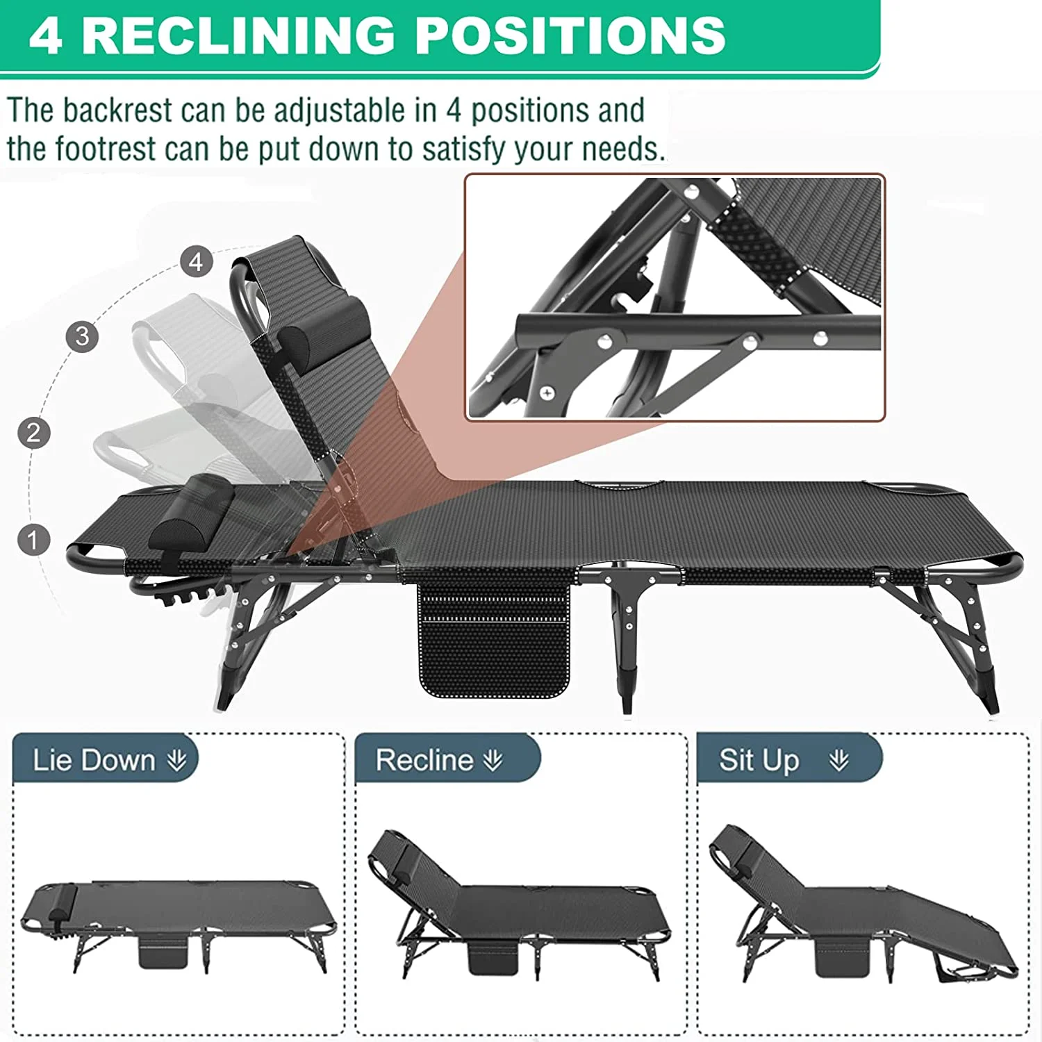 Slsy Folding Sleeping Cots Bed with 2 Sided Mattress & Pillow, Folding Camping Cot, Adjustable 4-Position Folding Lounge Chair
