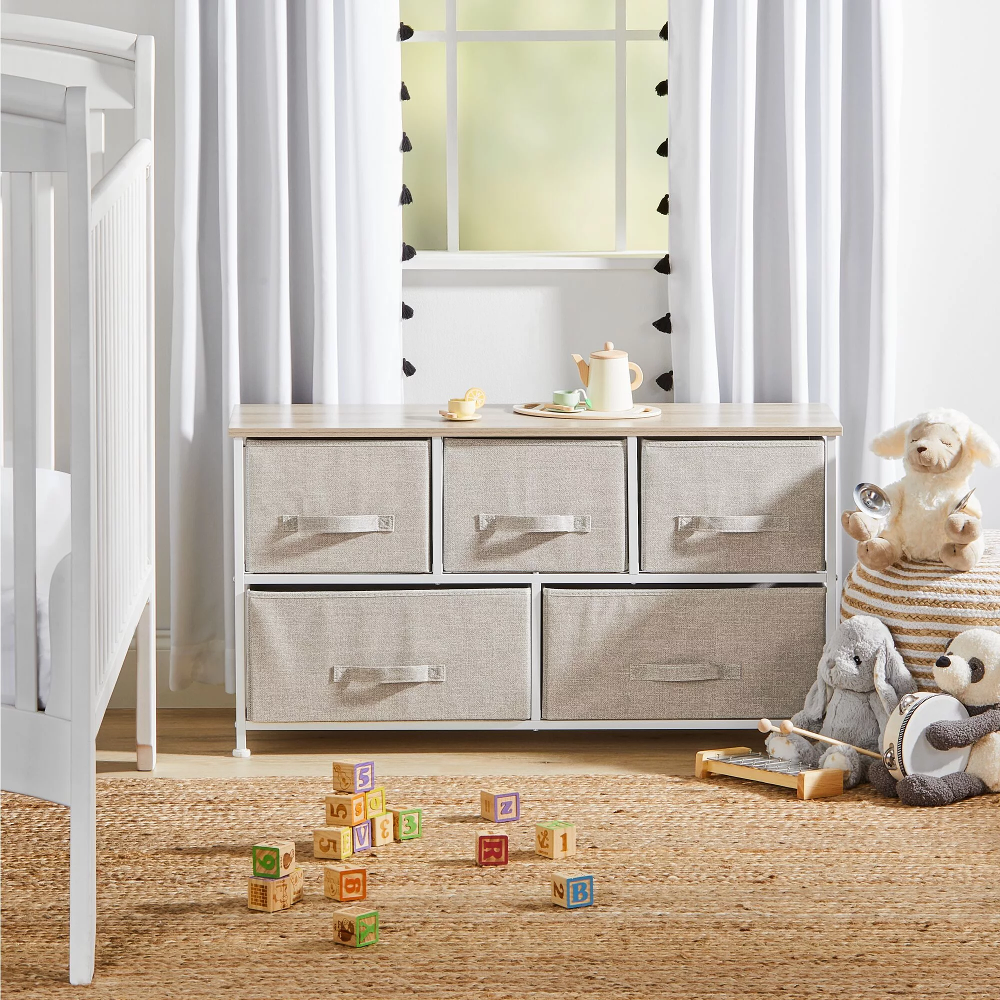 mDesign Wide Storage Dresser Furniture, 5 Removable Fabric Drawers, Linen/Tan