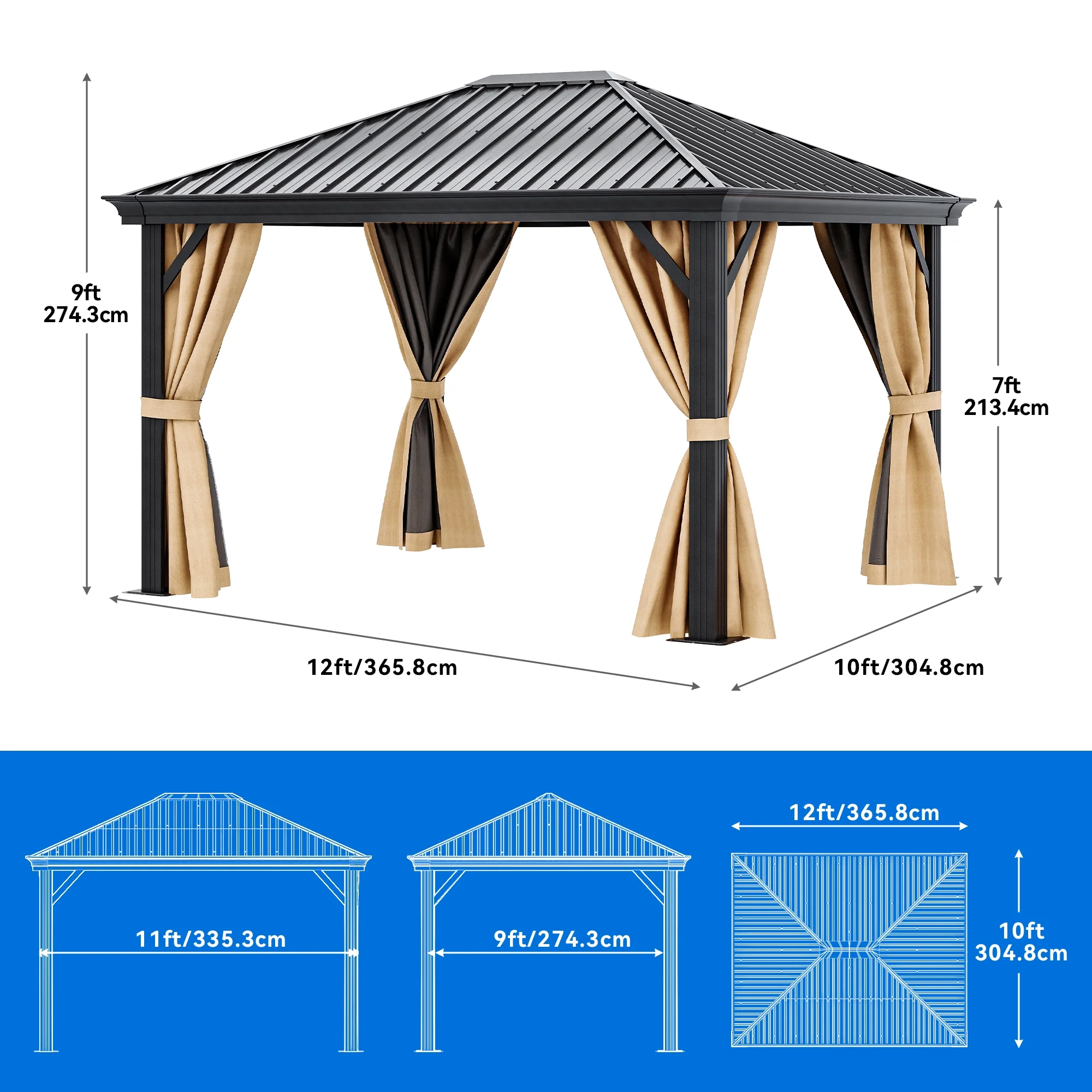 Dextrus 10x12ft Hardtop Gazebo with Nettings and Curtains, Heavy Duty Galvanized Steel Outdoor Vertical Stripes Roof for Patio, Backyard, Deck, Lawns, Brown