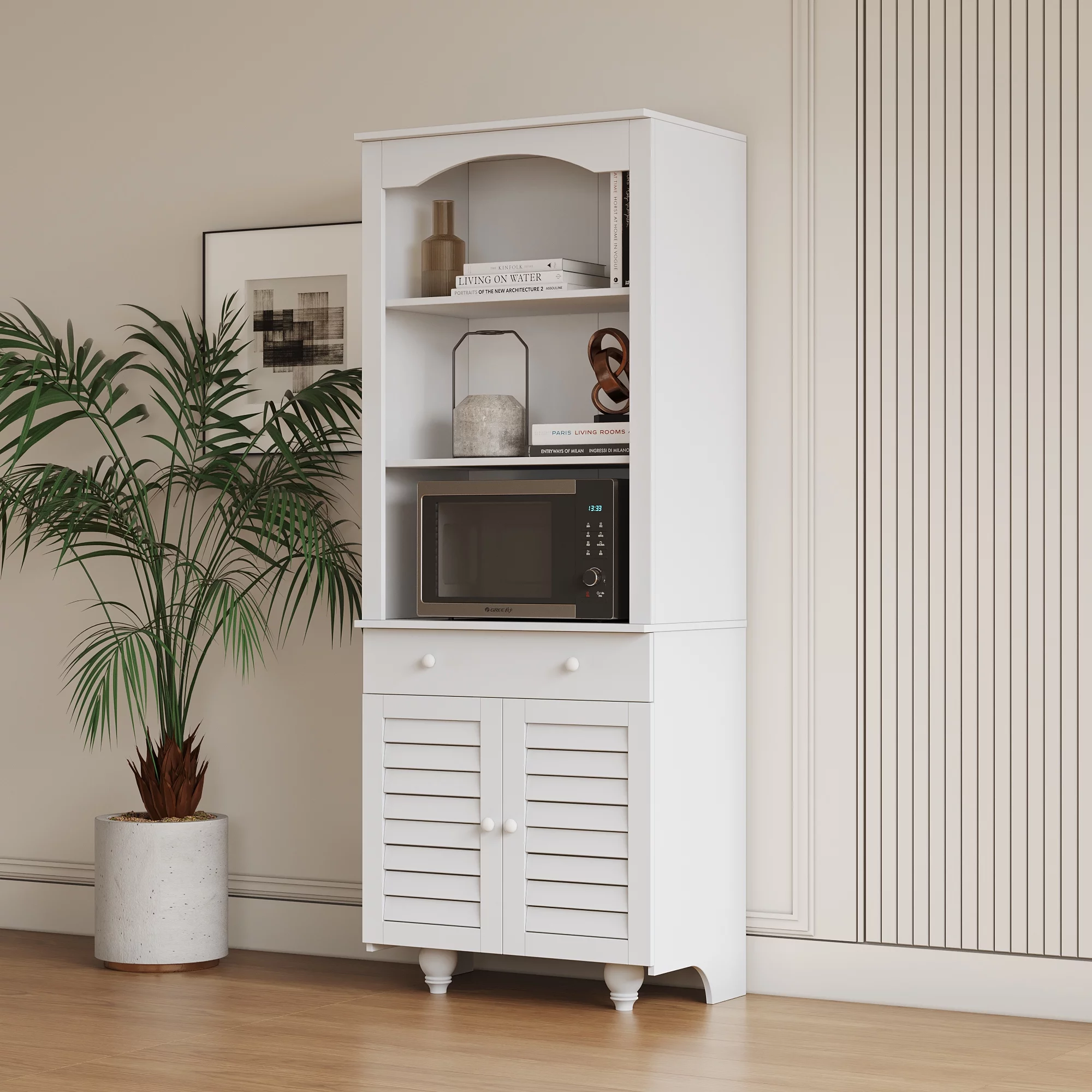 Royard Oaktree Tall Storage Cabinet Freestanding Kitchen Pantry Cabinets with Hutch, 1 Drawer & Open Shelves Modern Buffet Sideboard Cupboard for Kitchen Living Room Bathroom