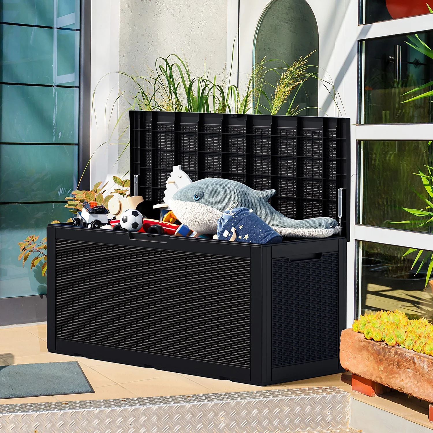 Deck Box 100 Gallon Rattan and resin Outdoor Storage Box Container for Patio, Pool,and Garden-Waterproof and UV Resistant