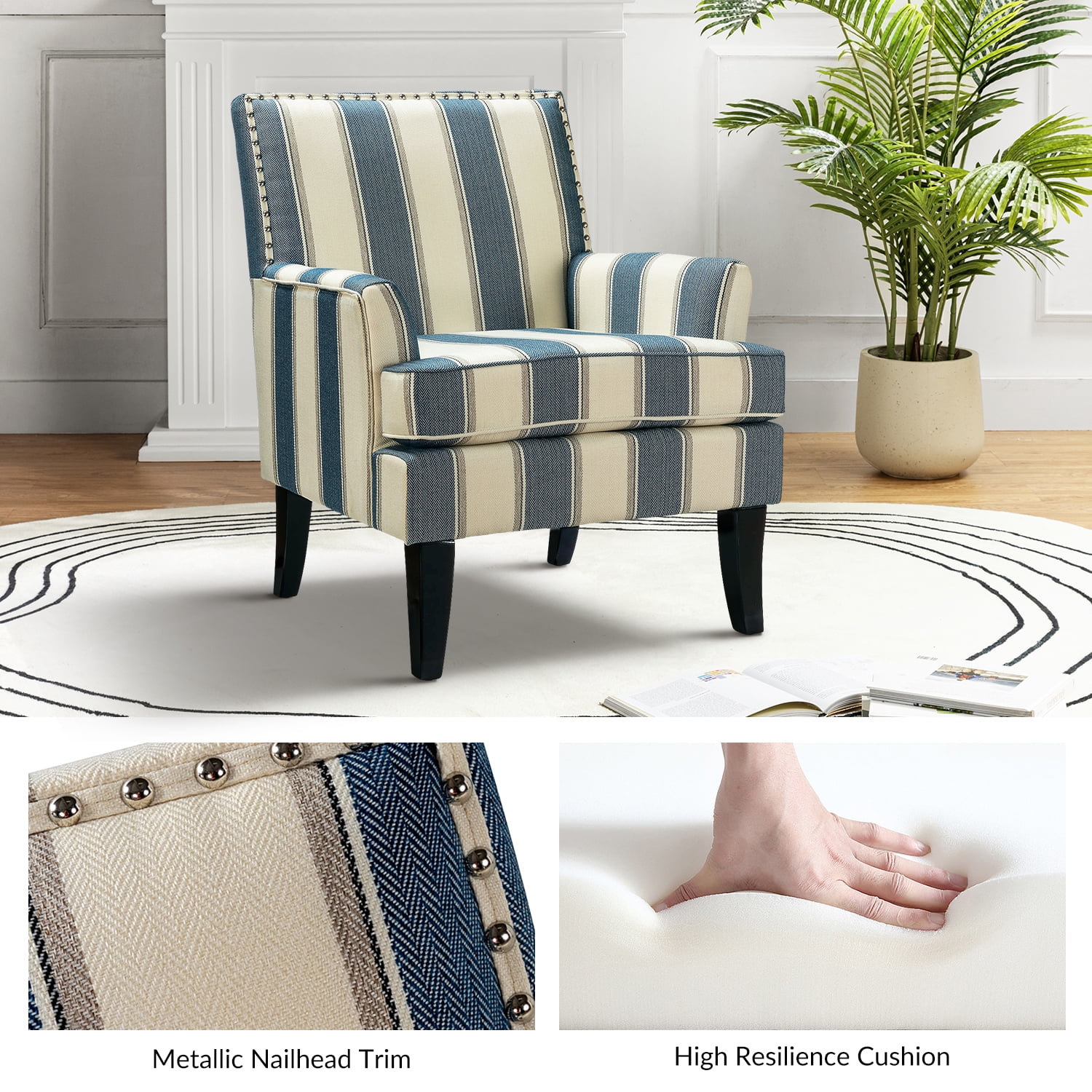 Upholstered Accent Chair, Tina's Home Armchair Nailhead Trim Wood Leg Adult Living Room Stripe Navy