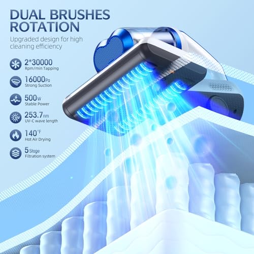 Mattress Vacuum Cleaner, 16Kpa Bed Vacuum Cleaner with 253.7nm UV-C Light, 30000 RPM/Min Dual Brushroll Rotation & HEPA Filter & Heating & Ultrasonic Tech, 10'' Dual Widened Suction Port, 500W, Corded