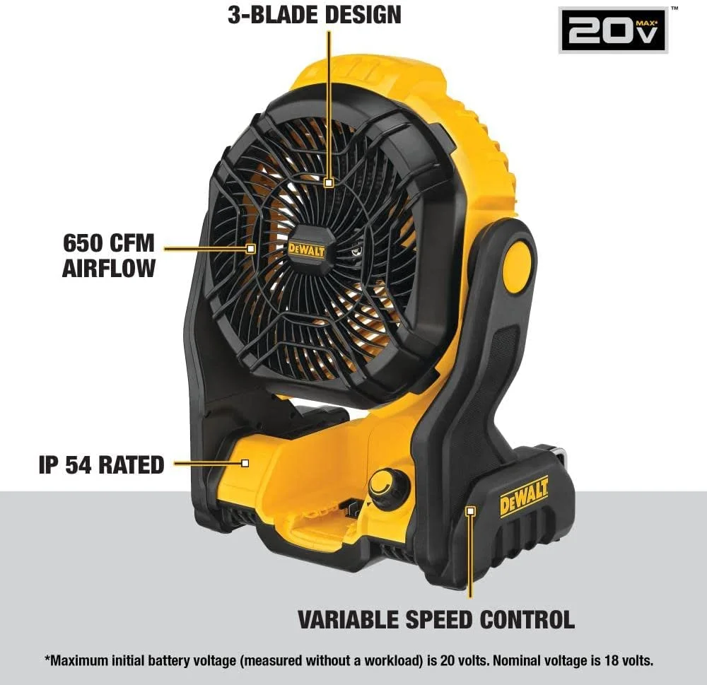 DEWALT 20V MAX Jobsite Fan, Cordless, Portable, Bare Tool Only (DCE512B), 12x8x14 inches, Yellow/Black