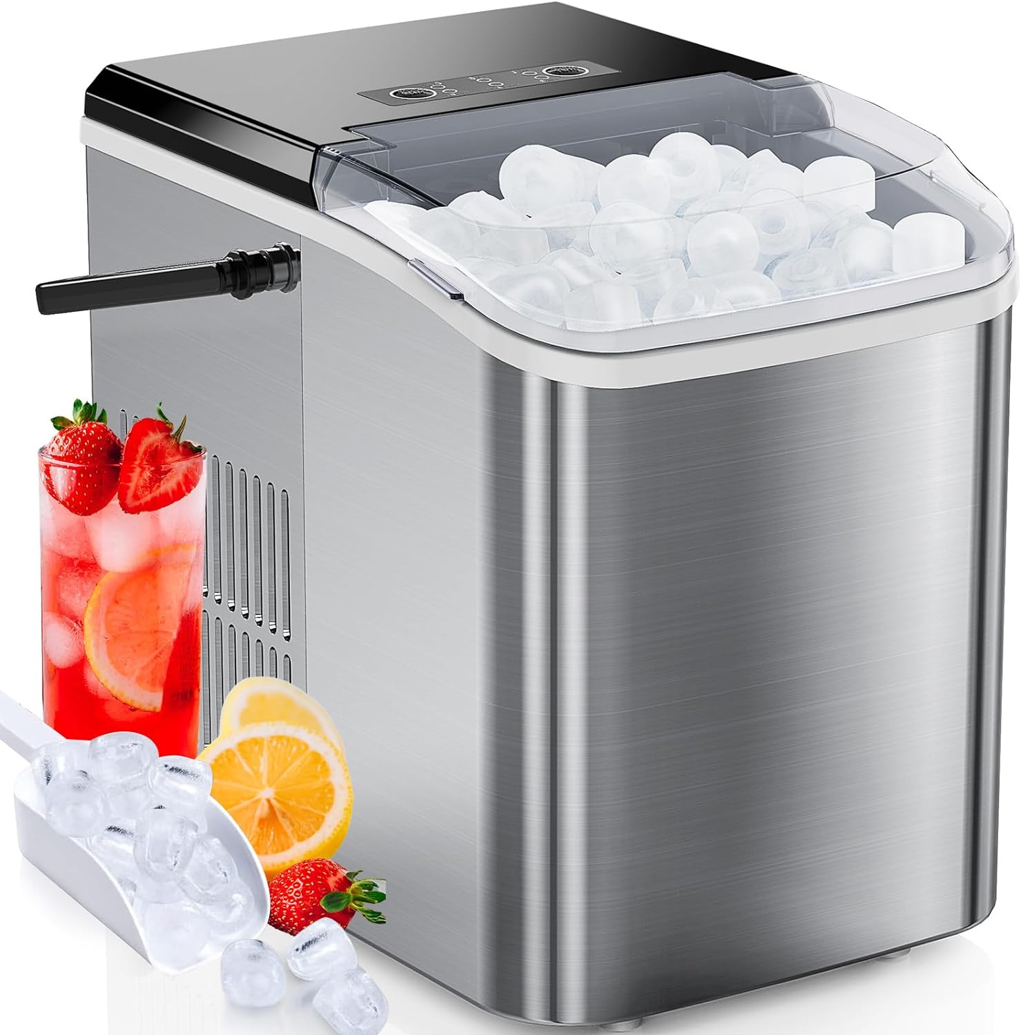 Sweetcrispy Countertop Ice Maker Machine Stainless Steel, Portable Small Ice Cube Maker Self-Cleaning with Handle, Ice Scoop and Basket, 6 Mins/9 Pcs, 26.5lbs/24Hrs, 2 Sizes of Bullet Ice, Silver