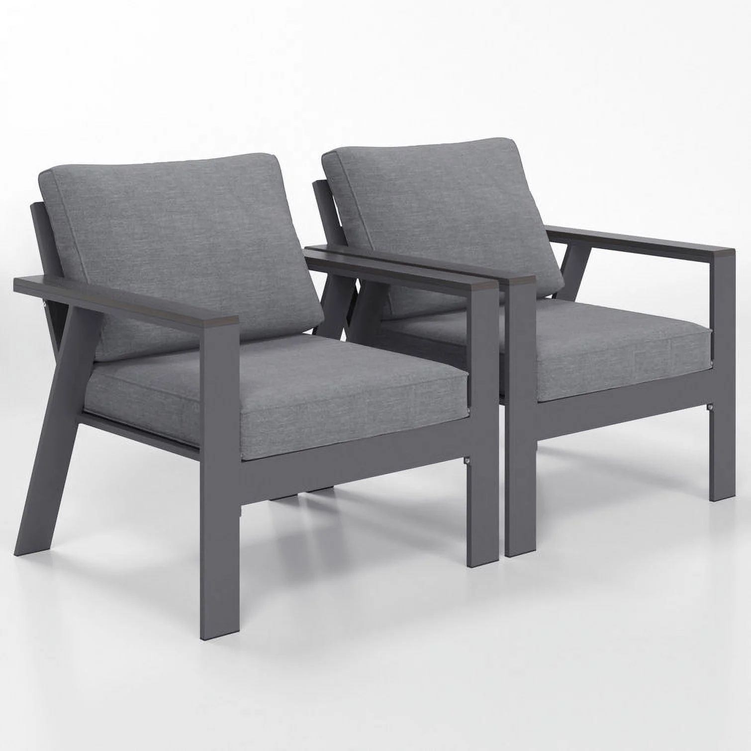 Superjoe Outdoor Aluminum Patio Furniture Chair Set of 2, Metal All-Weather Modern Patio Sofa Deep Seating Chair with Wood Accent Armrest and Angled Backrest, Grey