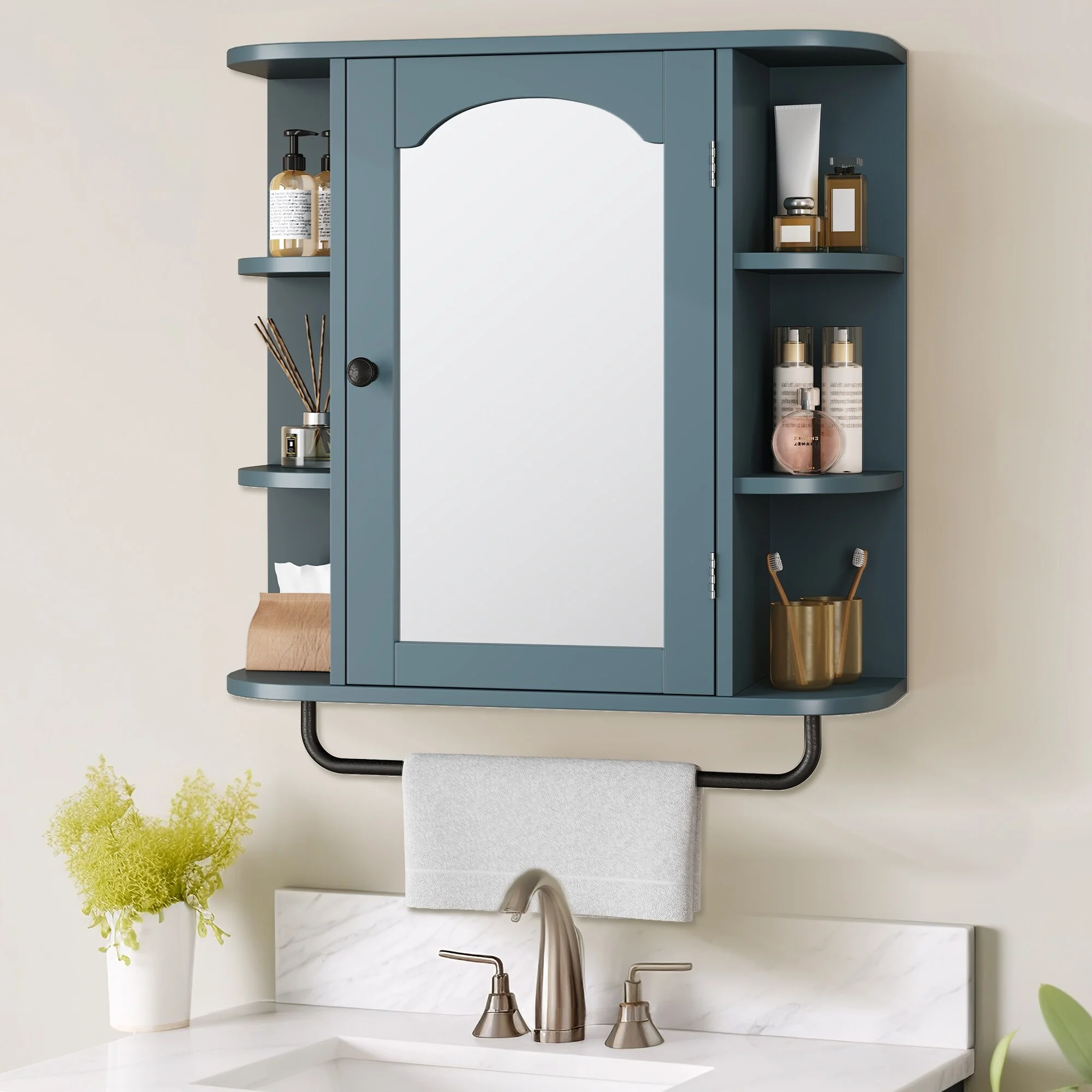 WedealFu Inc Modern Wall Bathroom Storage Medicine Cabinet with Adjustable Shelves and Towel Rack Blue